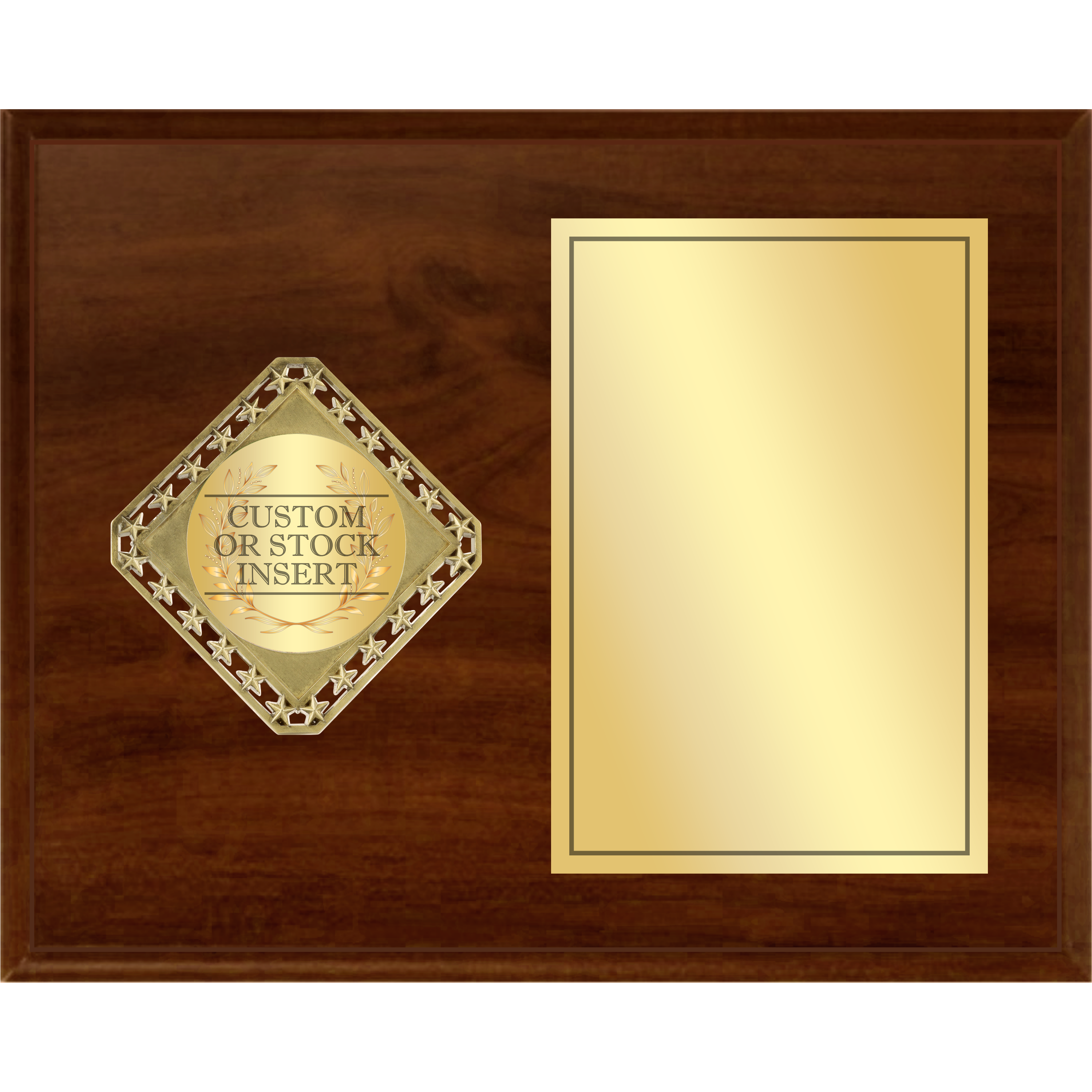 Horizontal dark wood plaque with a gold diamond medallion and a blank gold rectangular plate.