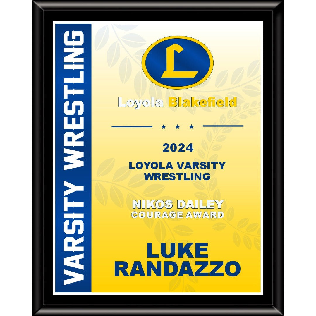 Black framed Varsity Plaque with yellow and blue design, "Loyola Varsity Wrestling" and "Luke Randazzo" text.