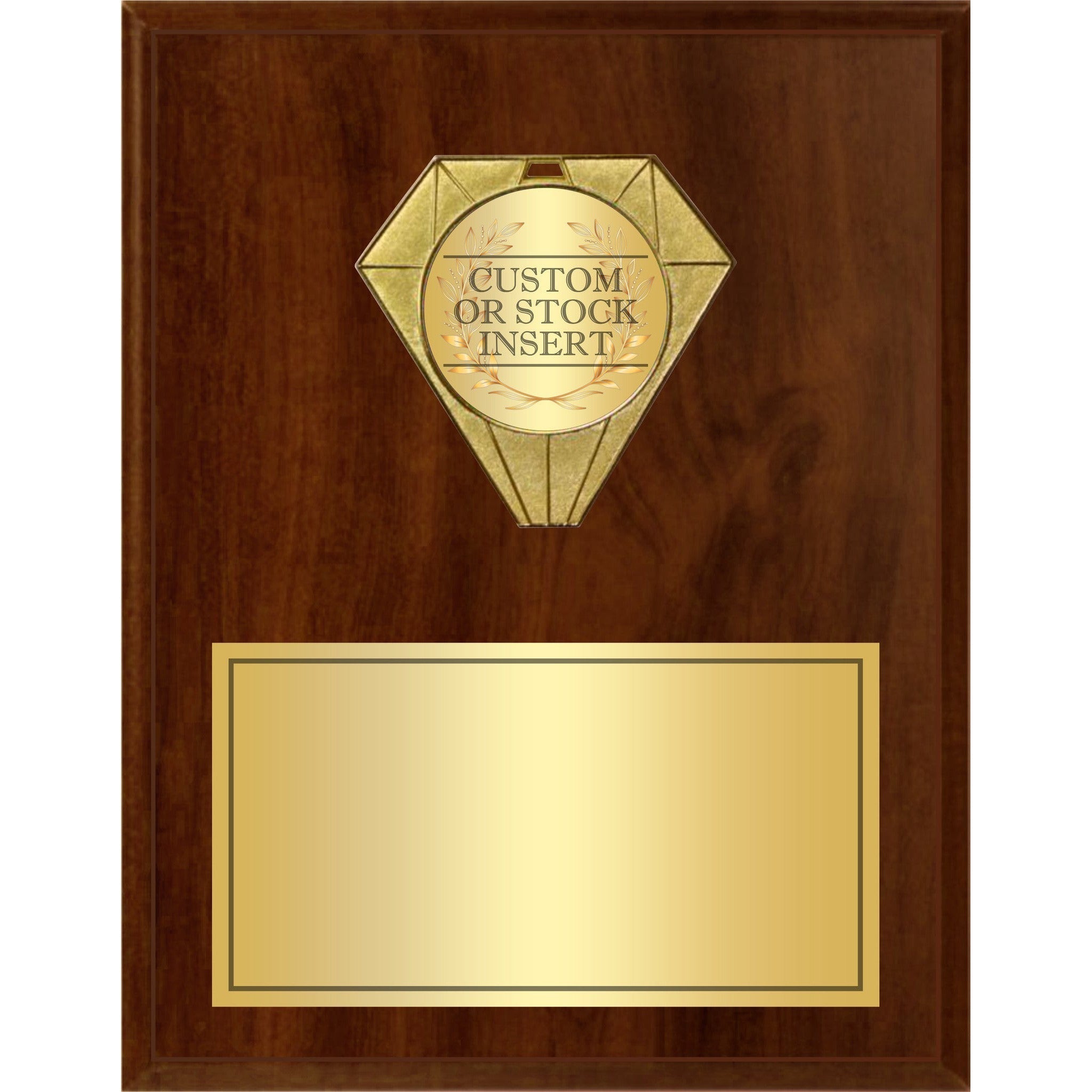 Vertical cherry finish plaque with a gold jeweled diamond medallion and a blank gold plate.