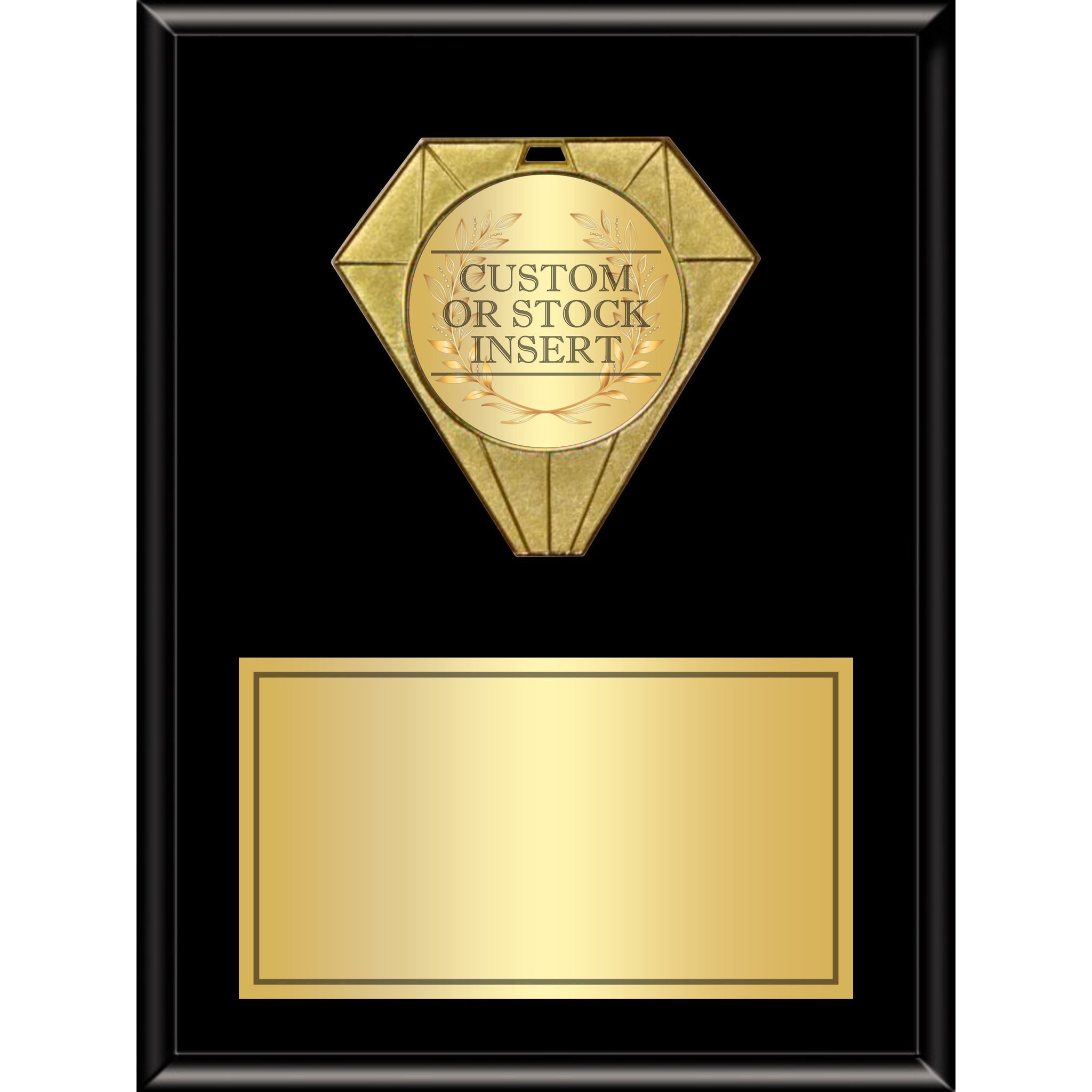 Ebony Jewel Plaque Series vertical plaque with a gold jeweled diamond medallion and a blank gold plate.