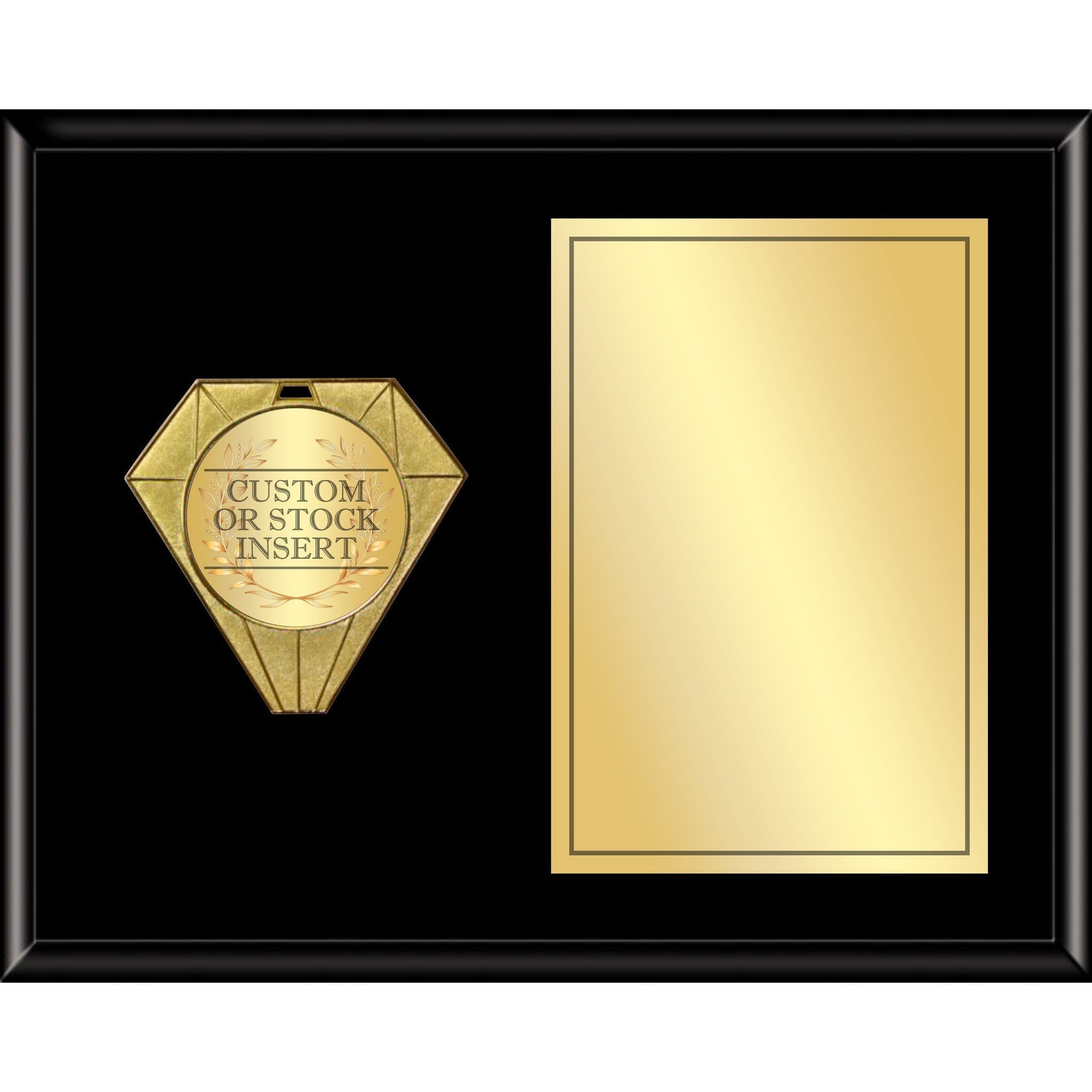 Horizontal plaque with black frame, gold diamond medallion, and blank gold plate for custom text.