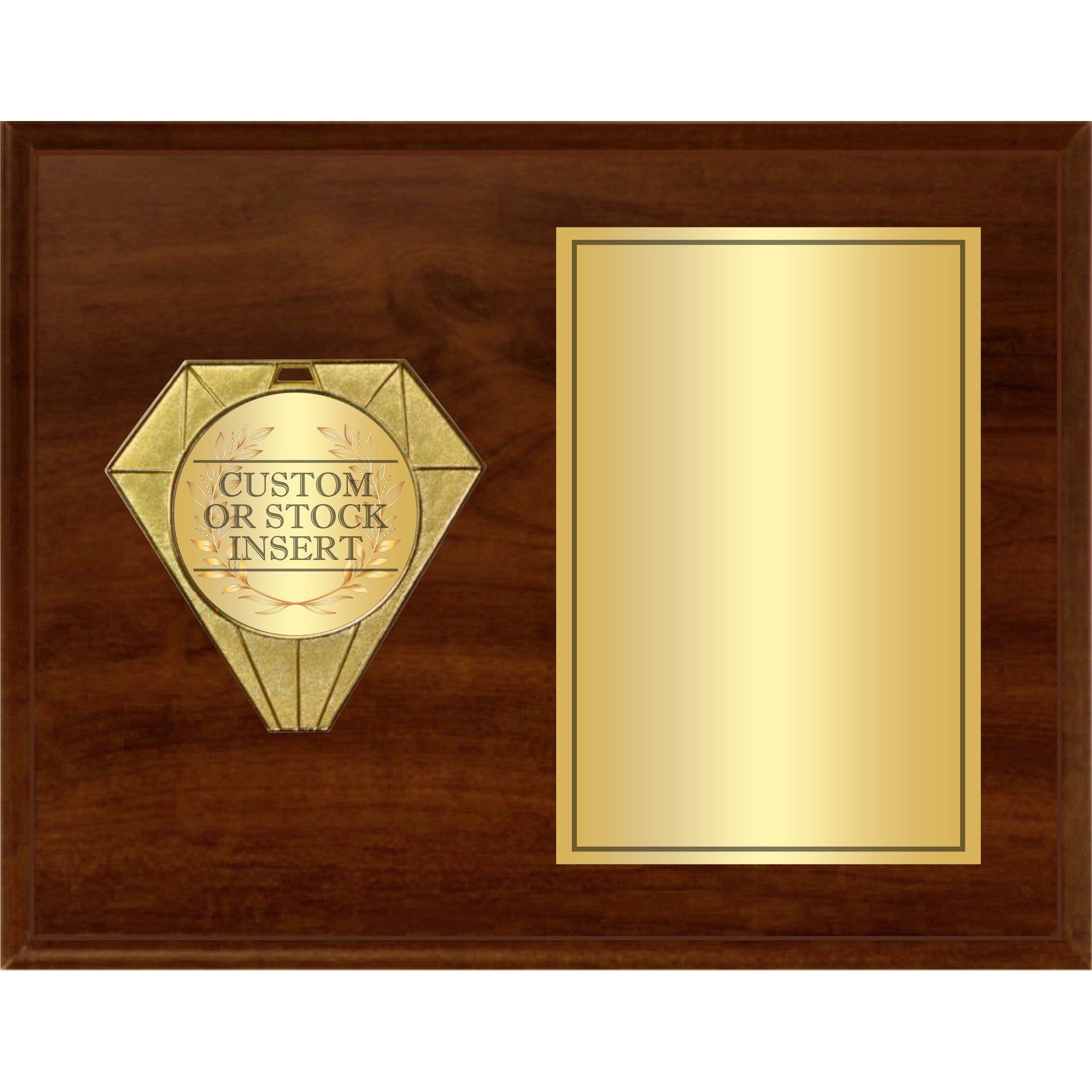 Horizontal cherry finish plaque with a gold diamond medallion and a blank gold engraving plate.