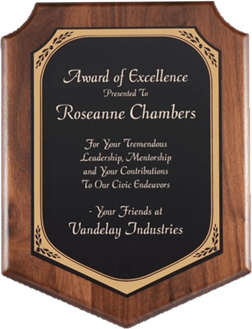 Solid walnut plaque with notched corners and a black lasered plate featuring "Award of Excellence" text.