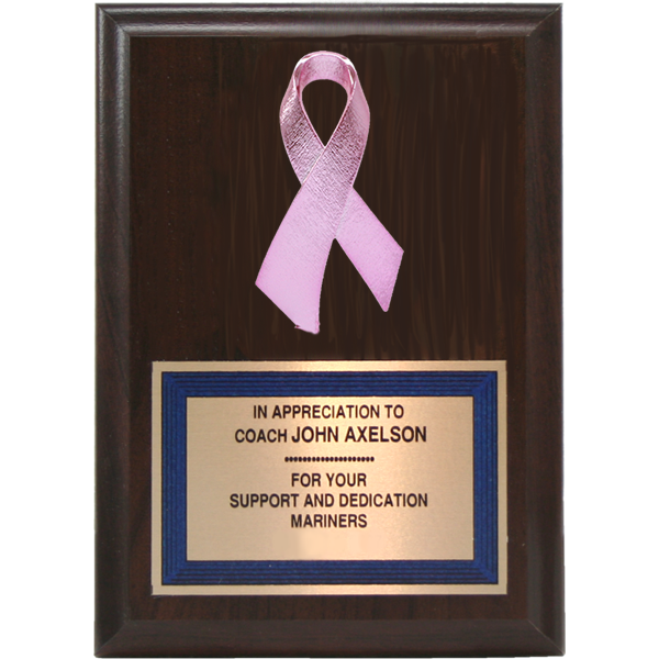 Cherry finish plaque with a pink awareness ribbon and a gold plate with blue border.