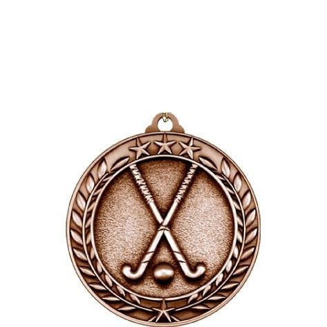 Bronze antique medallion with crossed field hockey sticks, ball, wreath, and stars.