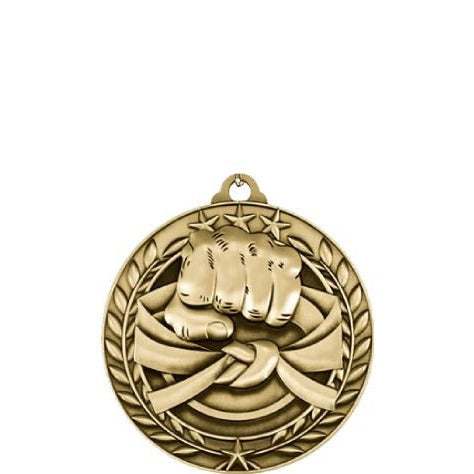 Antique gold Qualicast medallion with a raised fist, martial arts belt, and laurel wreath design.