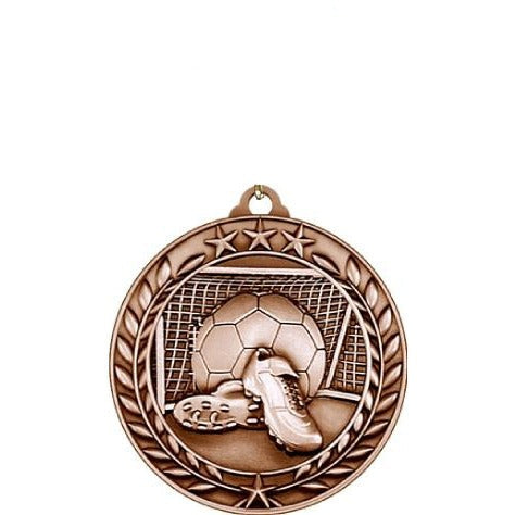 Bronze Qualicast medallion with soccer ball, cleats, and goal net design, framed by a wreath.