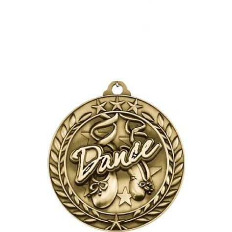 Antique gold "Dance" medallion with ballet slippers, stars, and wreath border.
