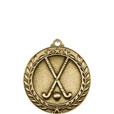 Antique gold Qualicast medallion with crossed field hockey sticks, a ball, stars, and laurel wreath.