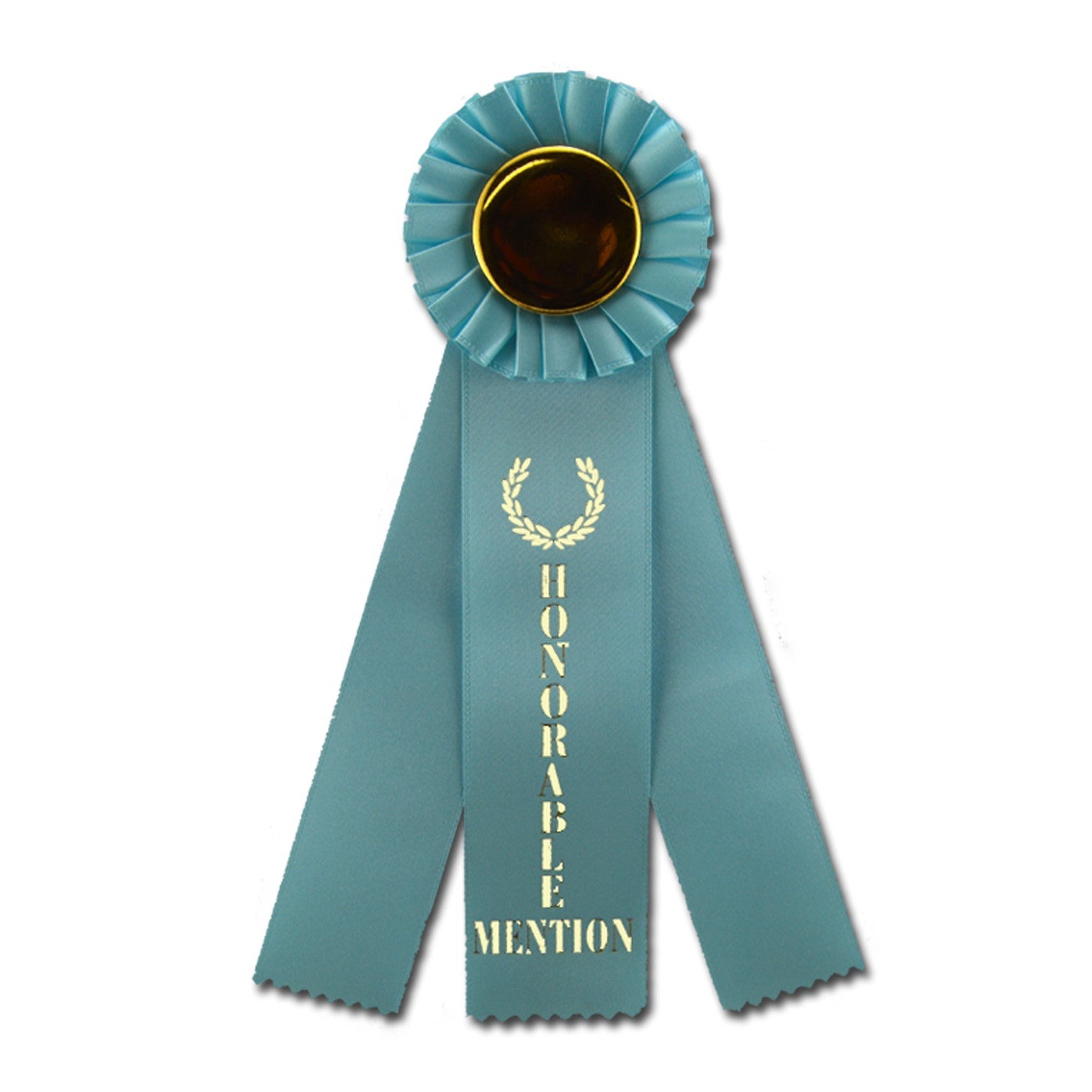 Light blue 3-ribbon rosette award with a gold center and "Honorable Mention" text.