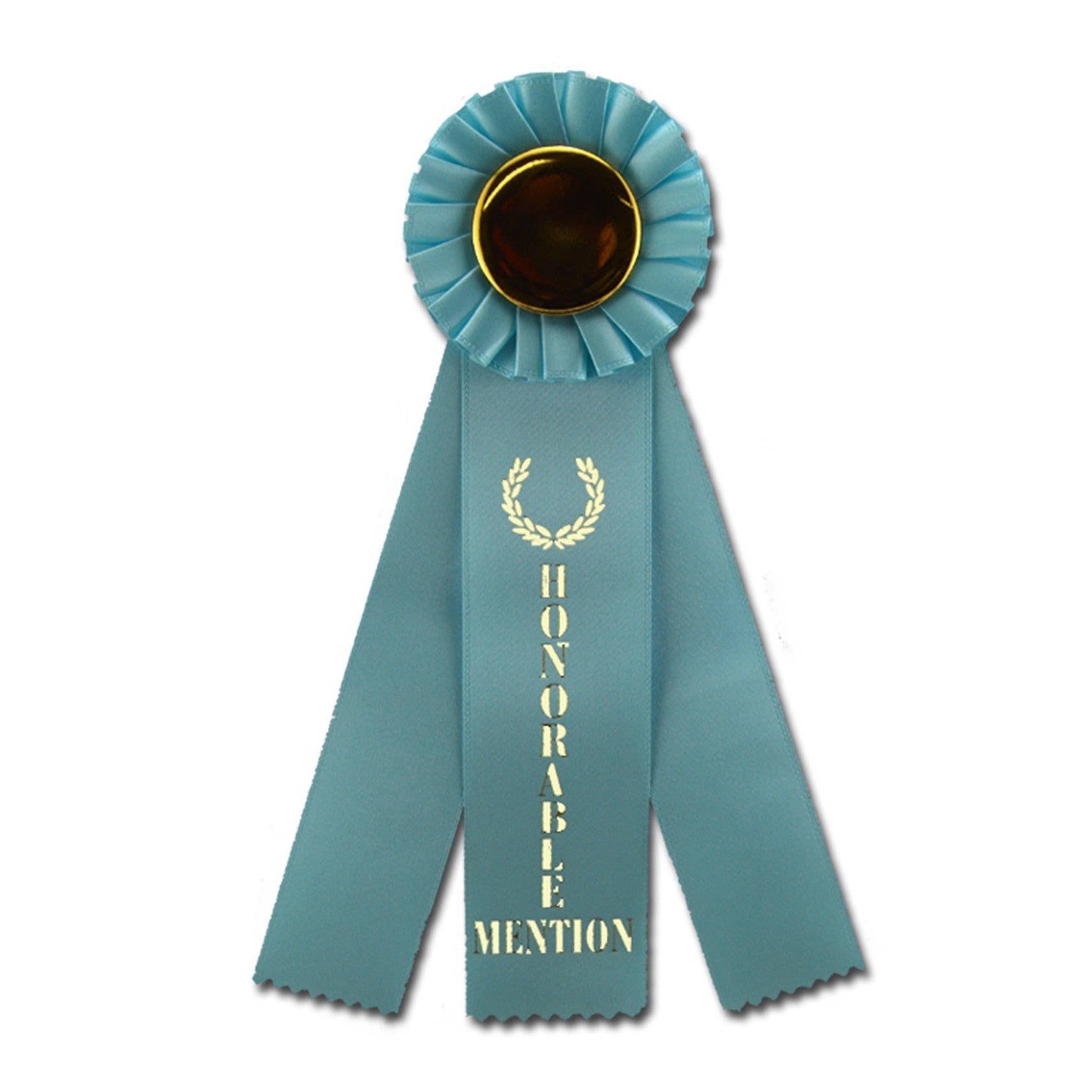 Light blue 3-ribbon rosette award with a gold center and "Honorable Mention" text.