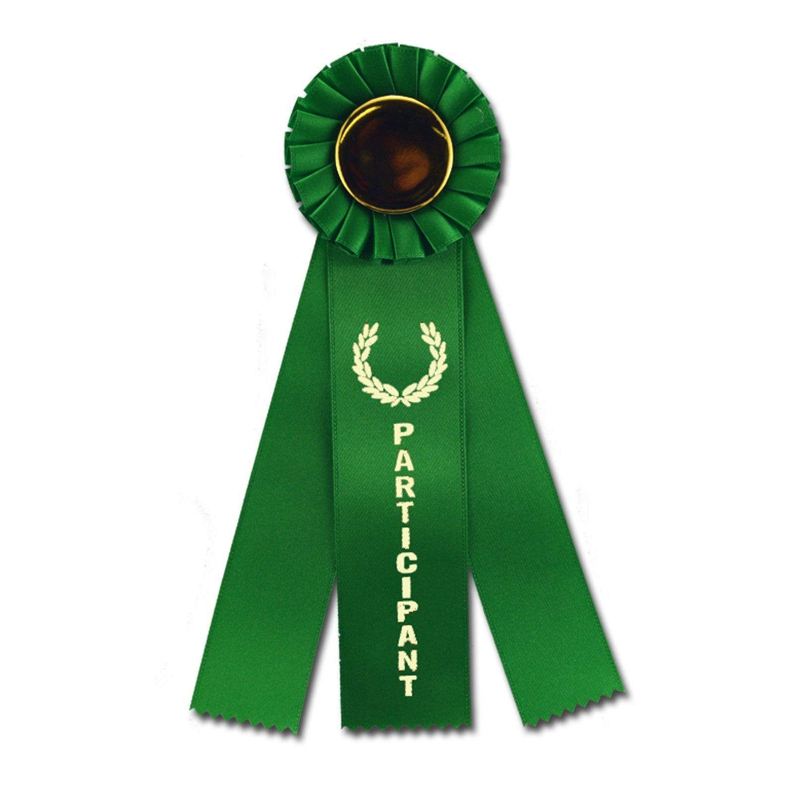 Green 3-ribbon rosette award with a gold center and "PARTICIPANT" text, 3" x 10".