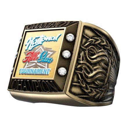 Gold custom ring with "National All-Star Tournament Champion" logo and three side diamonds.