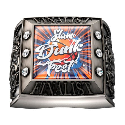 Silver custom ring with "Slam Dunk Fest" logo, "FINALIST" text, and clear side stones.