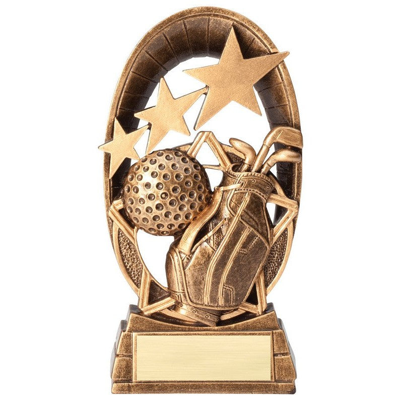Bronze resin golf award, 6.5" tall, with stars, golf ball, and bag of clubs.