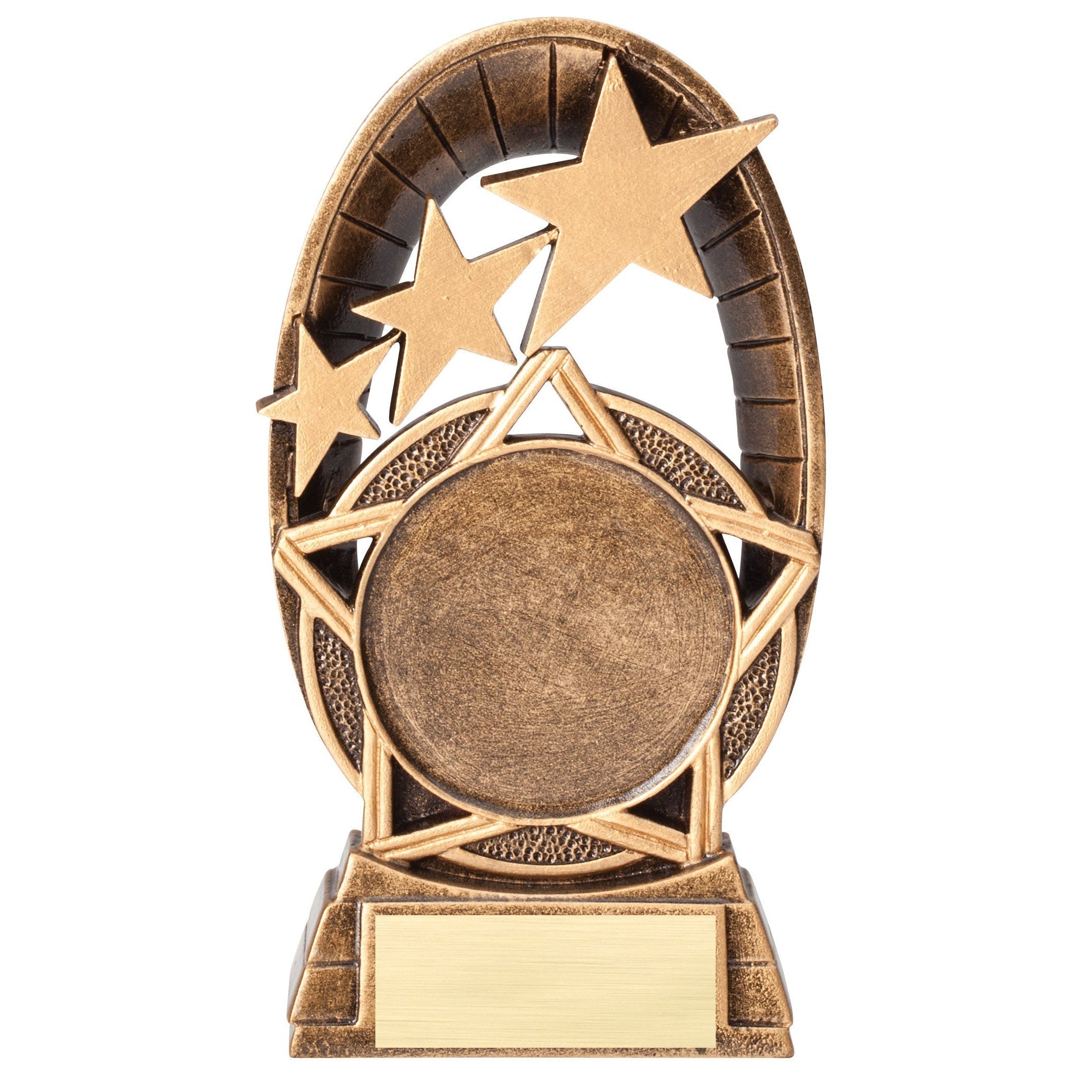 Bronze resin award with three gold stars, a central customizable disk, and a gold name plate on the base.