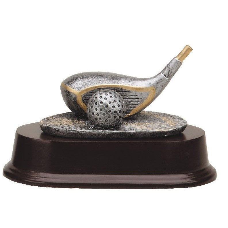 Silver golf driver and ball award on a cherry-finished base with a gold accent.