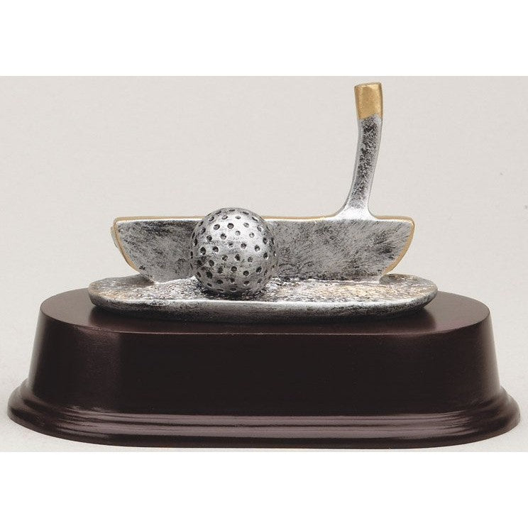 3.5" tall resin golf putter and ball award with gold accents on a cherry-finished base.