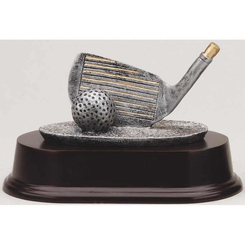 4" Closest To The Pin golf award with a silver wedge and golf ball on a cherry-finished base.
