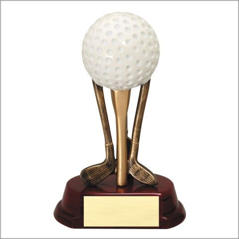 White golf ball on bronze clubs and tee resin award with a cherry-finished base and gold engraving plate.