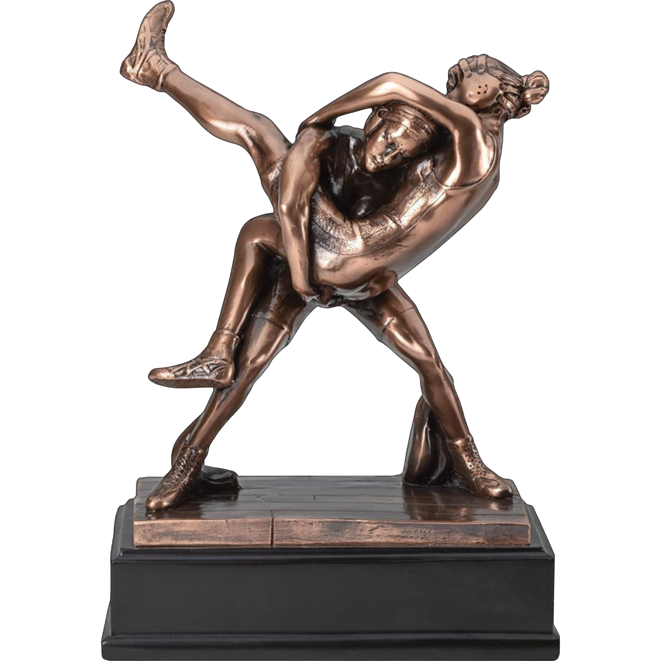 Bronze-finished resin female wrestling award, 10.5" tall, depicting two wrestlers in action on a black base.