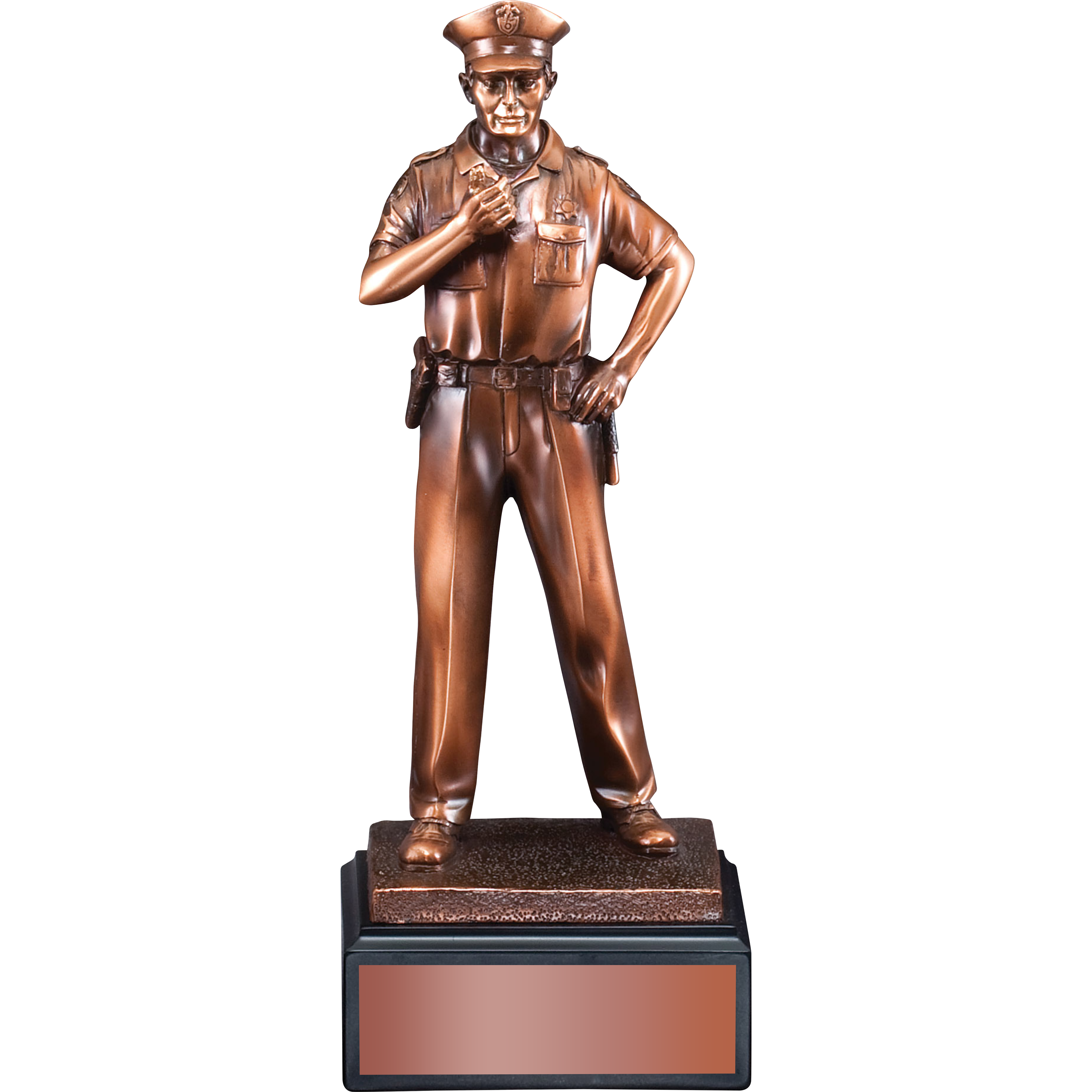 11.5" bronze-tone policeman statue with uniform, hat, and personalized plate on a dark base.