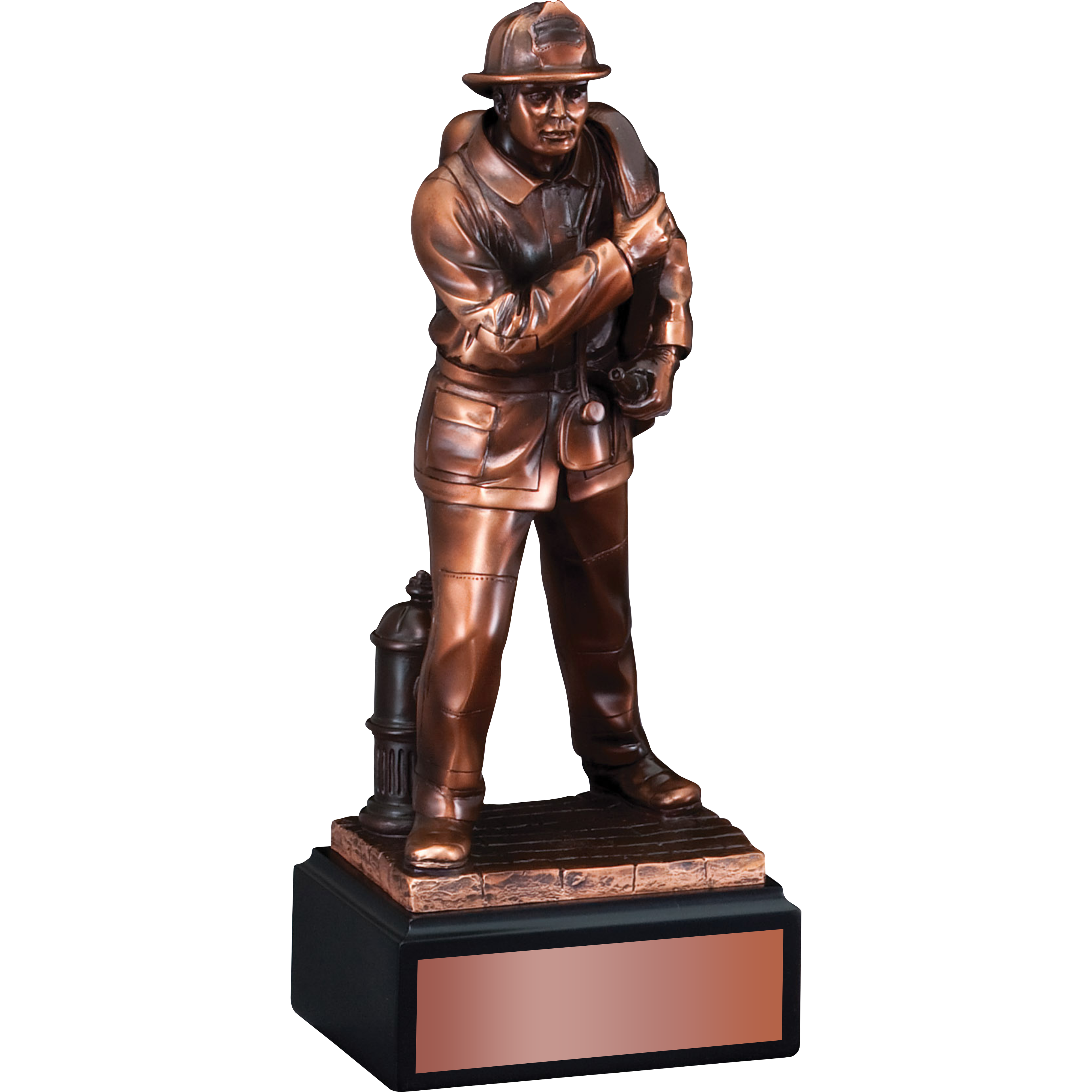12" bronze-tone Fireman At Ready Statue on an ebony base with a copper plate.