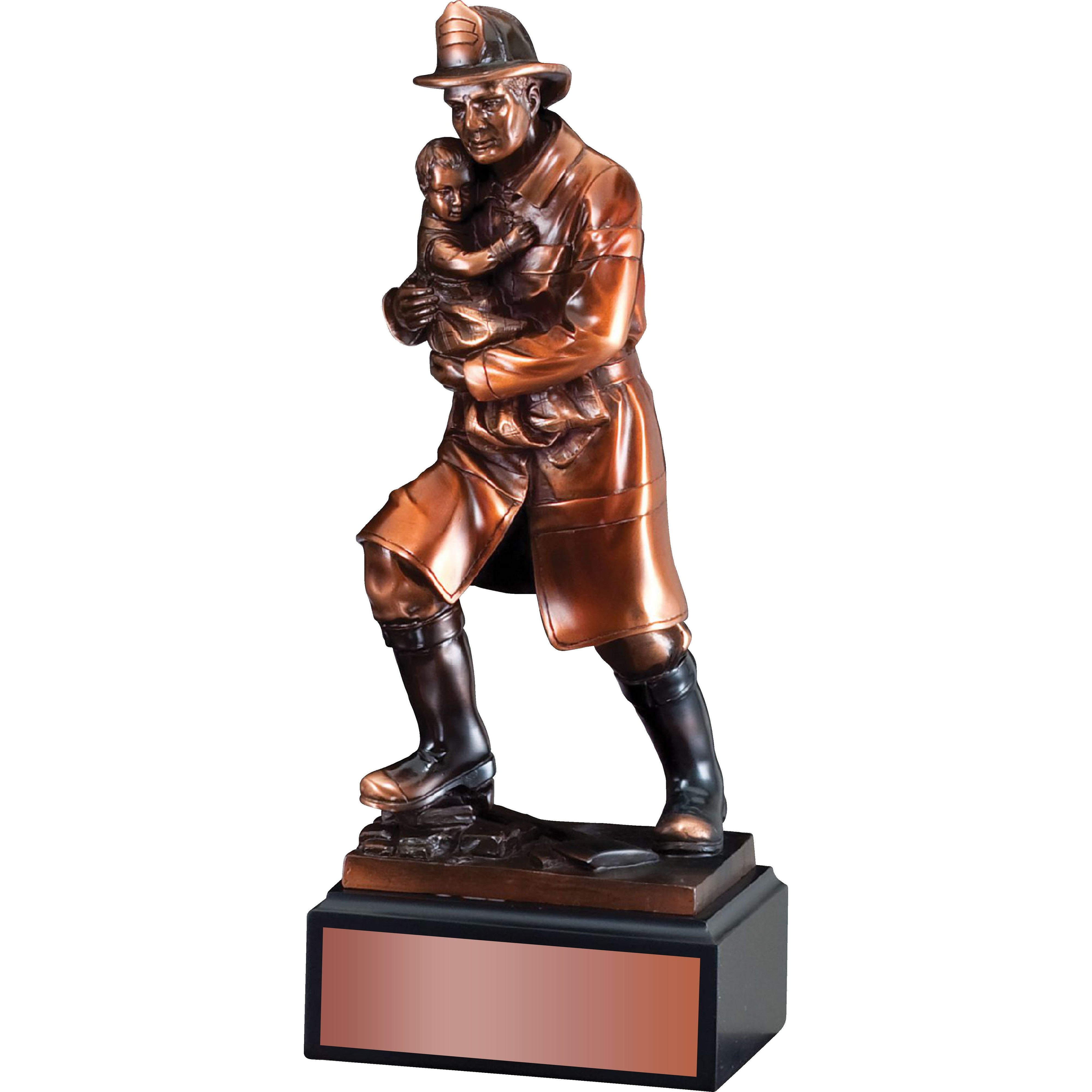 Bronze firefighter statue rescuing a child, on an 11.5" ebony base with a copper-colored plate.