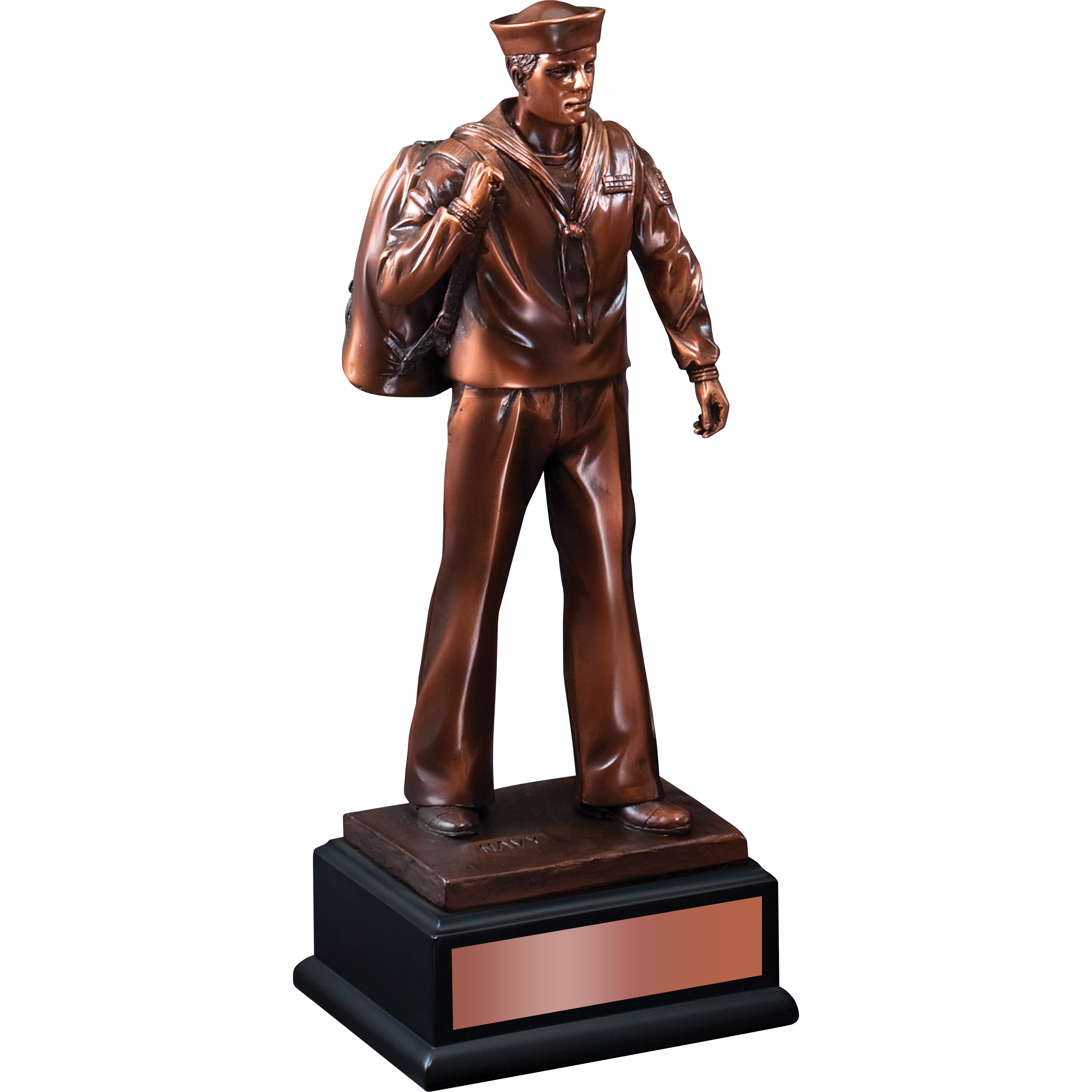 11.5" bronze-tone US Navy sailor statue with duffel bag, on a black base with a copper-tone plate.