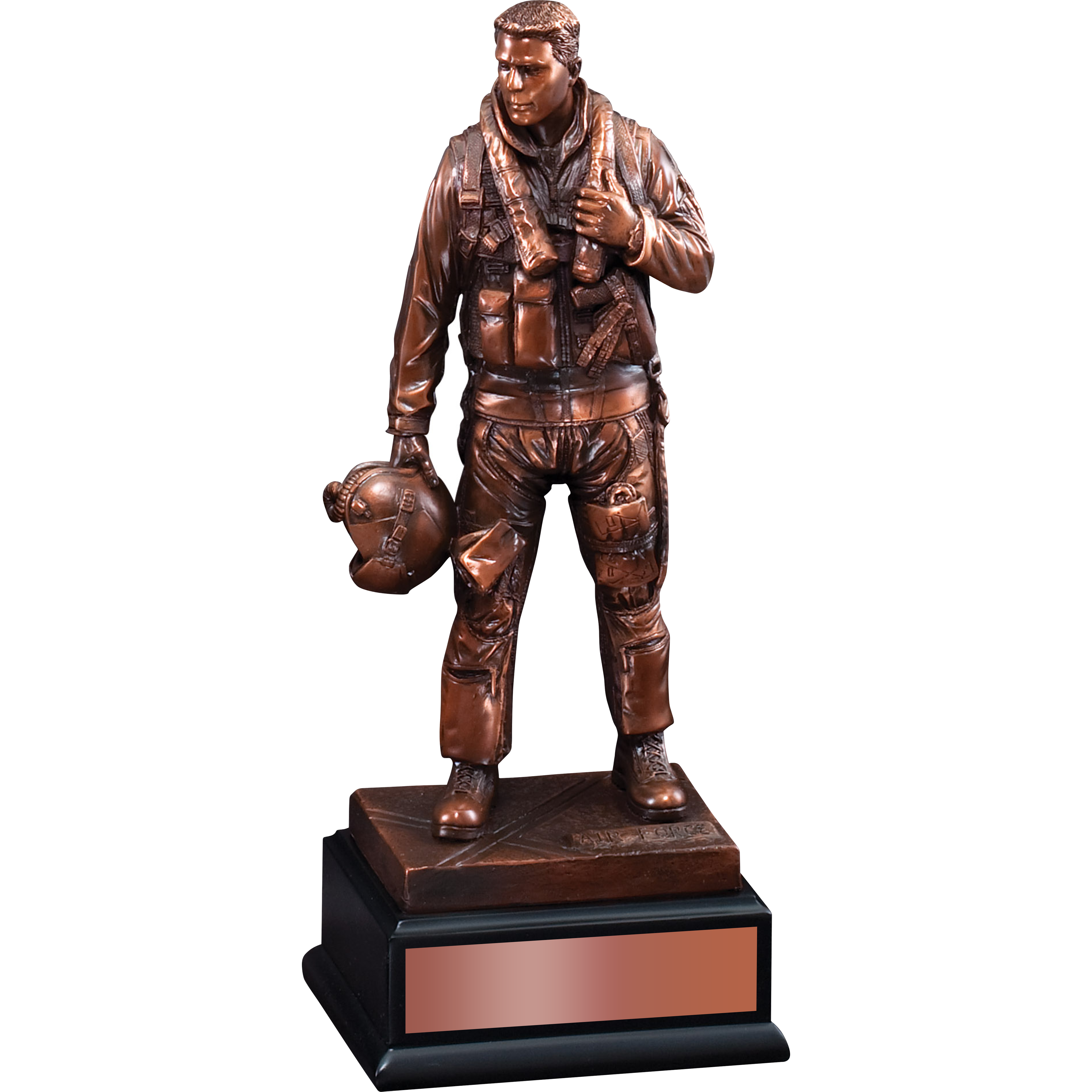 11.5" bronze US Airman statue in flight suit, holding helmet, on a black base with a customizable copper plate.
