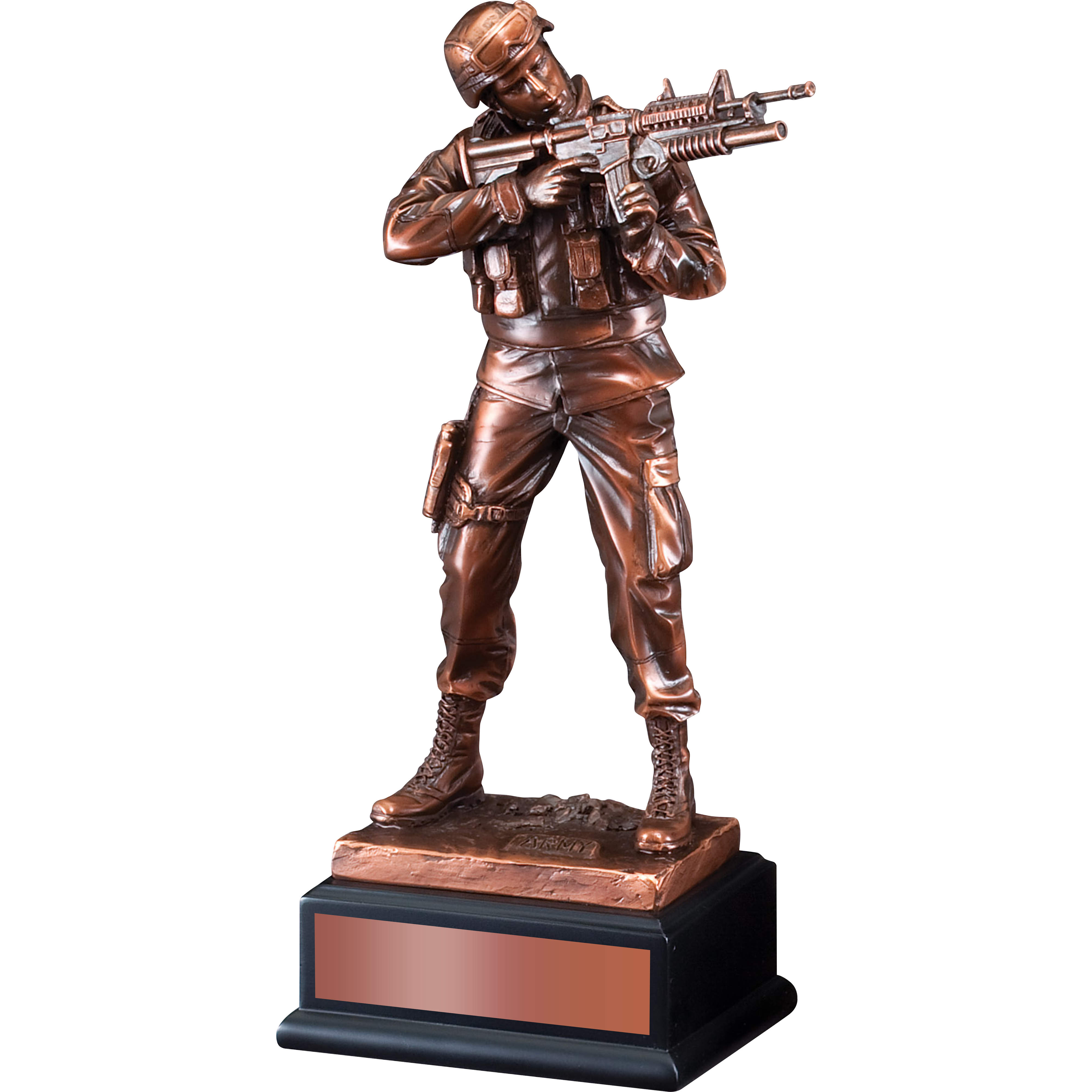 11.5" bronze-tone US Army male soldier statue with rifle, standing on a black base with a copper plate.