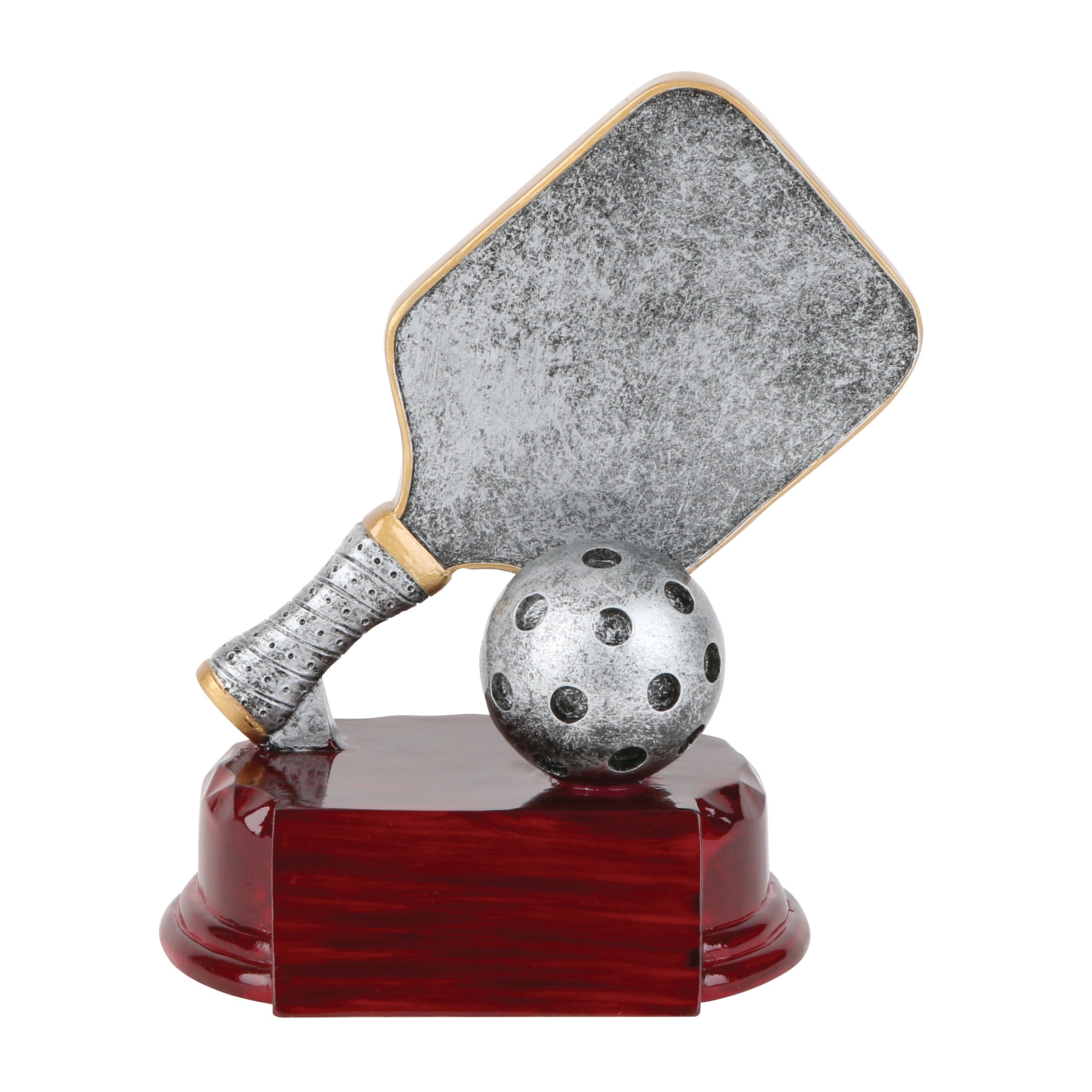 5-1/4" 3-D pickleball award with silver paddle and ball on a cherry-finished base.