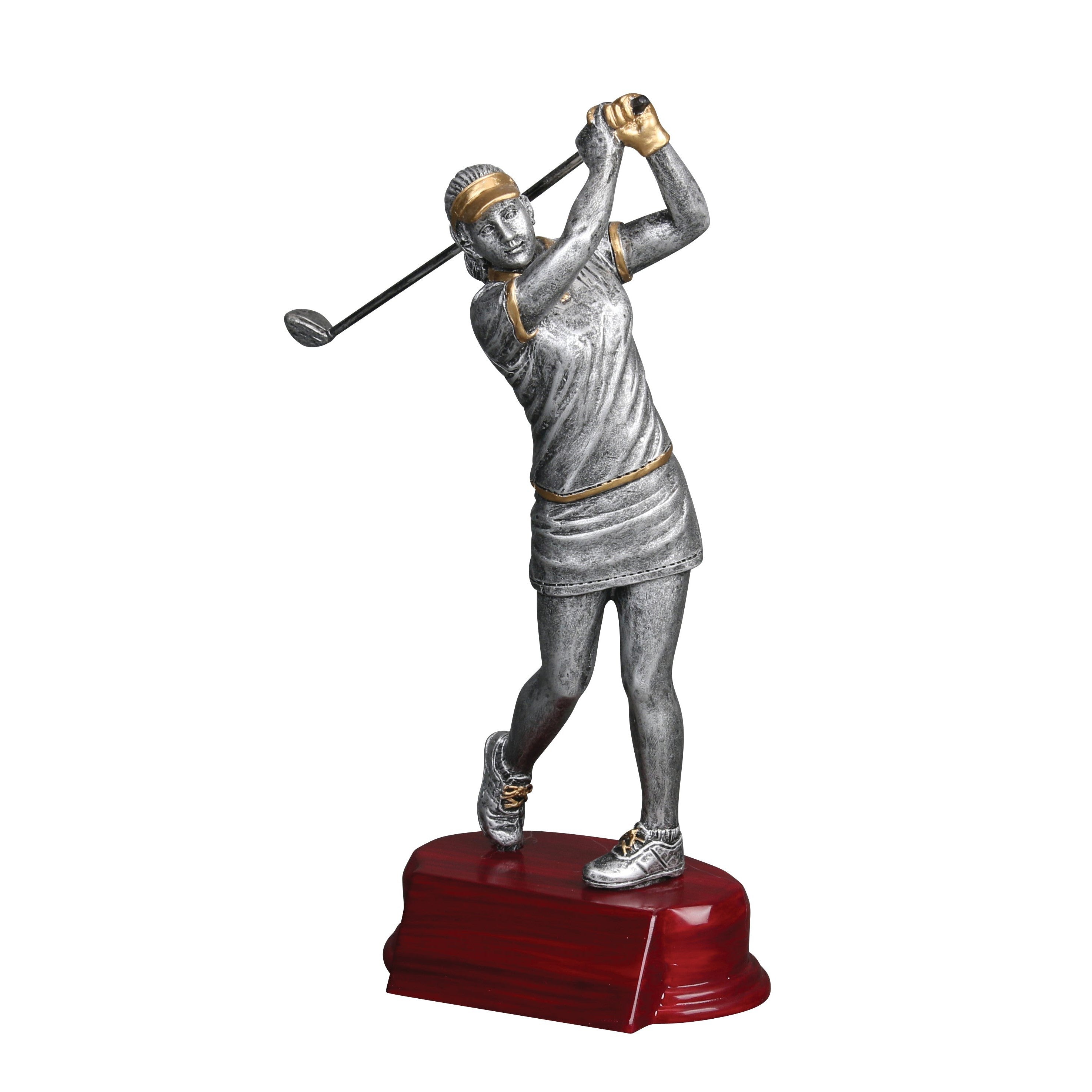 Silver female golfer resin statue with gold accents, mid-swing, on a cherry-finished base.