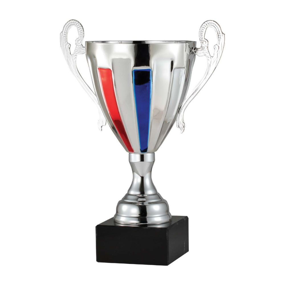 Silver metal trophy cup with red, white, and blue stripes on a black marble base.