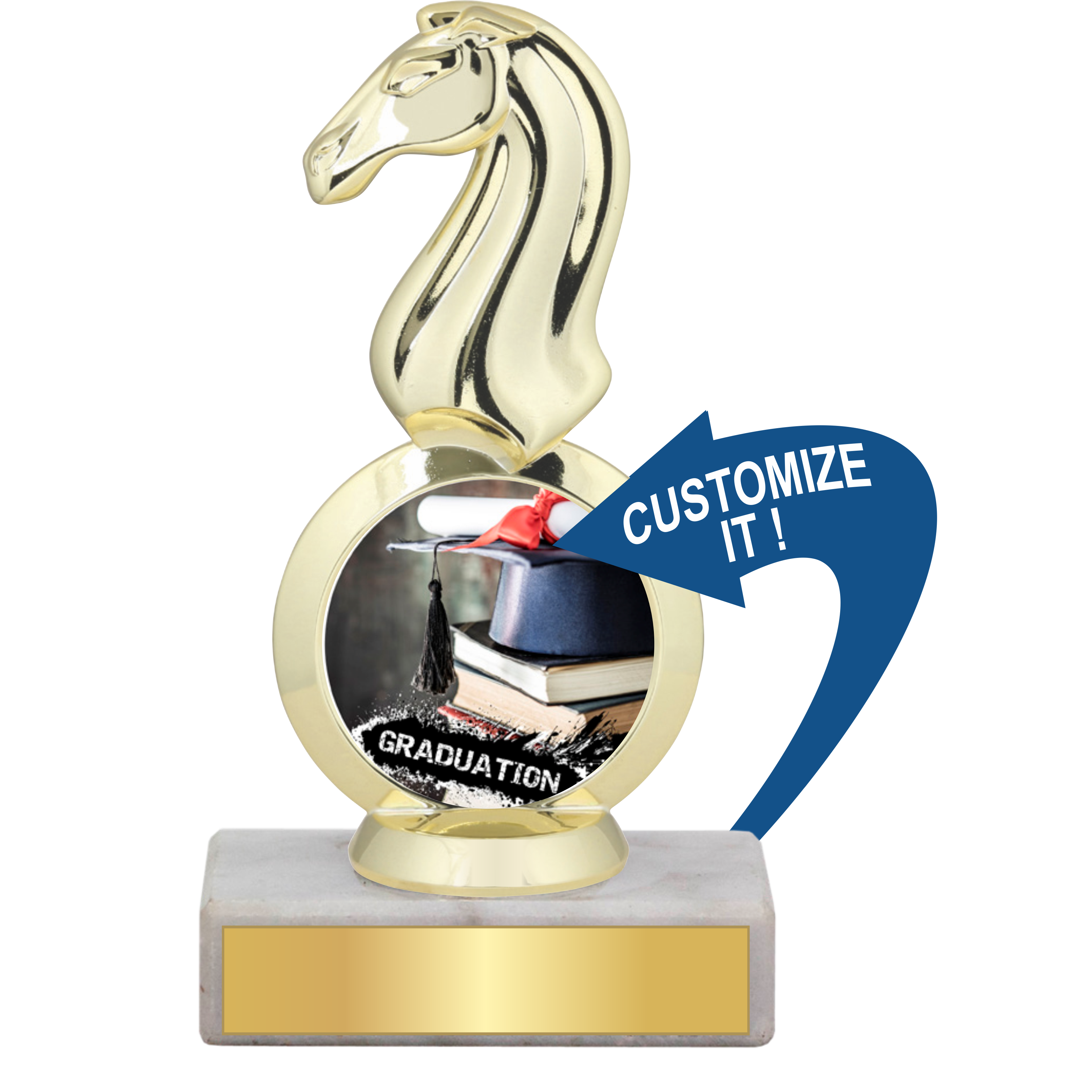 Gold chess knight trophy, 7.25-inch, with customizable graduation insert and marble base.