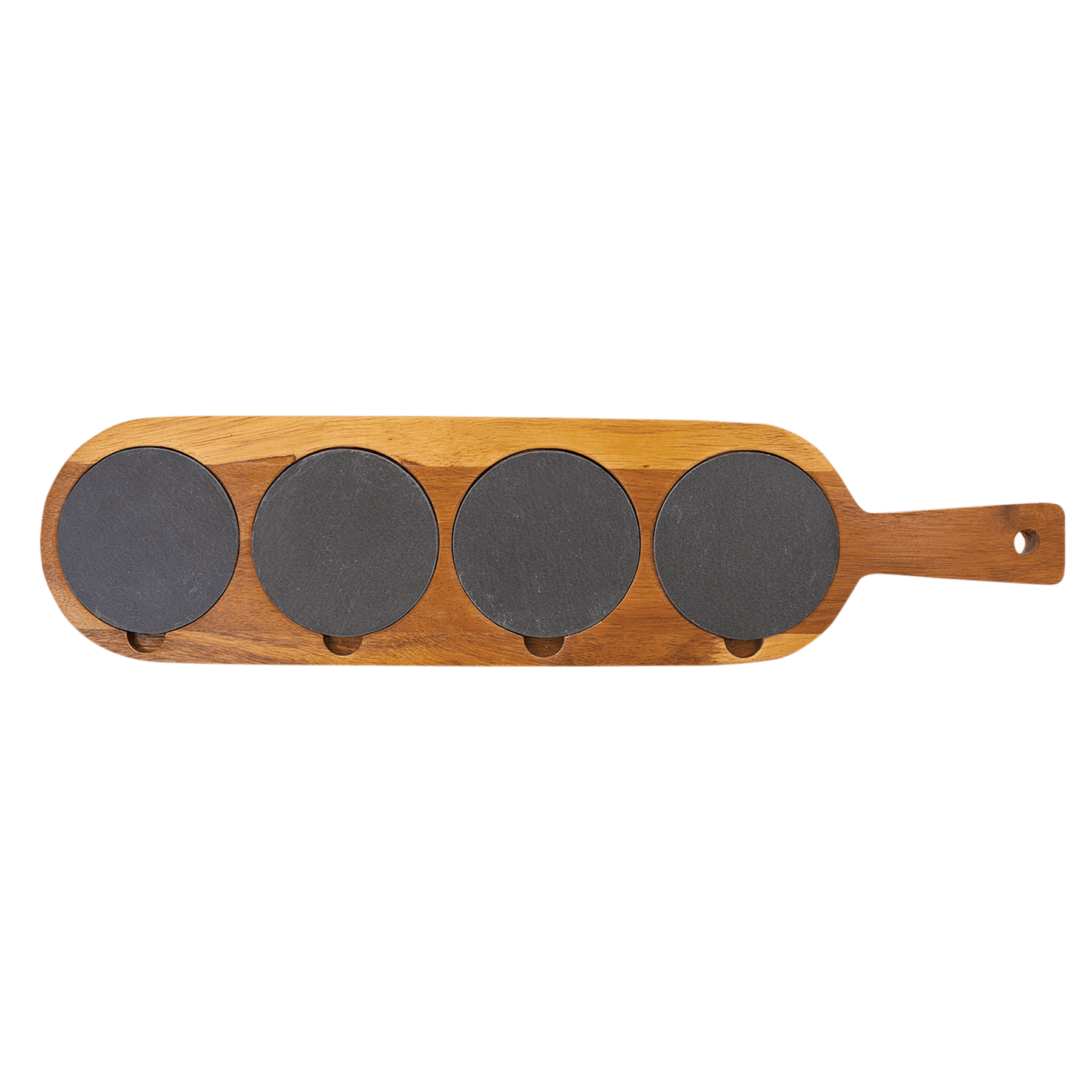 Acacia wood serving board with handle and four round, dark gray slate coasters.