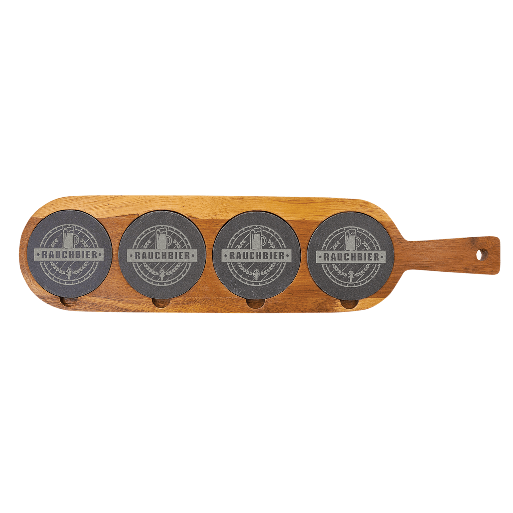 Acacia wood serving board with handle and four round, dark grey slate coasters featuring "Rauchbier" engraving.
