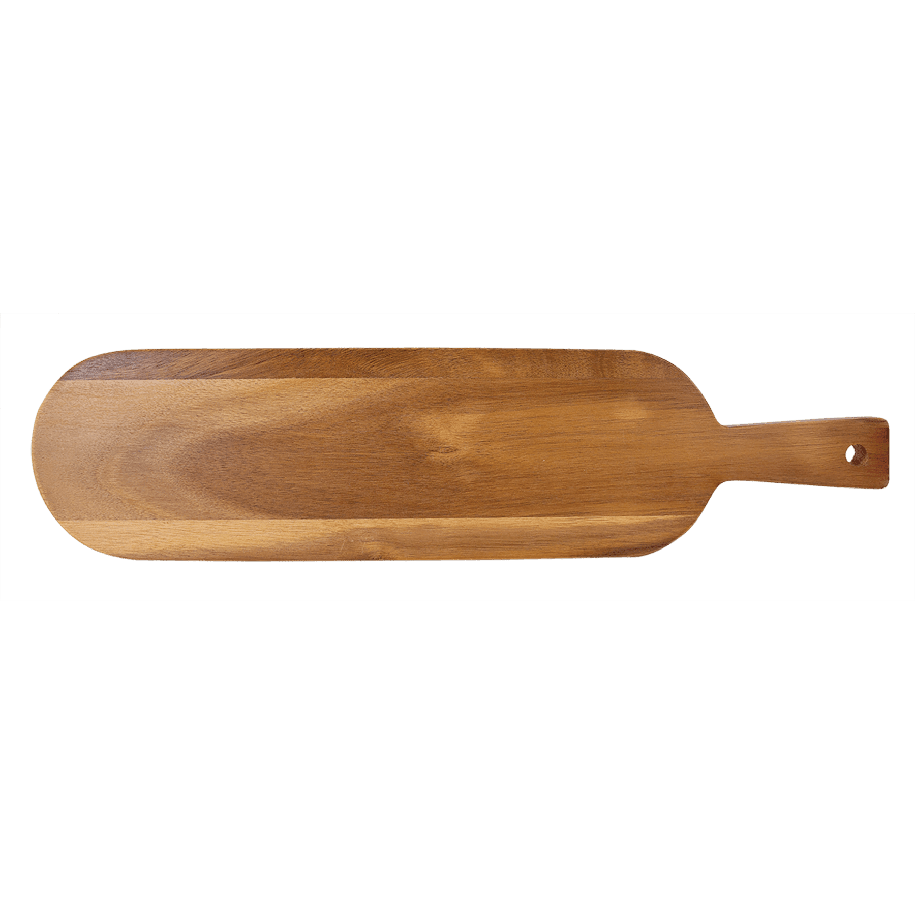 Acacia wood serving board with handle, 18-1/2" x 4-1/4", for entertaining.