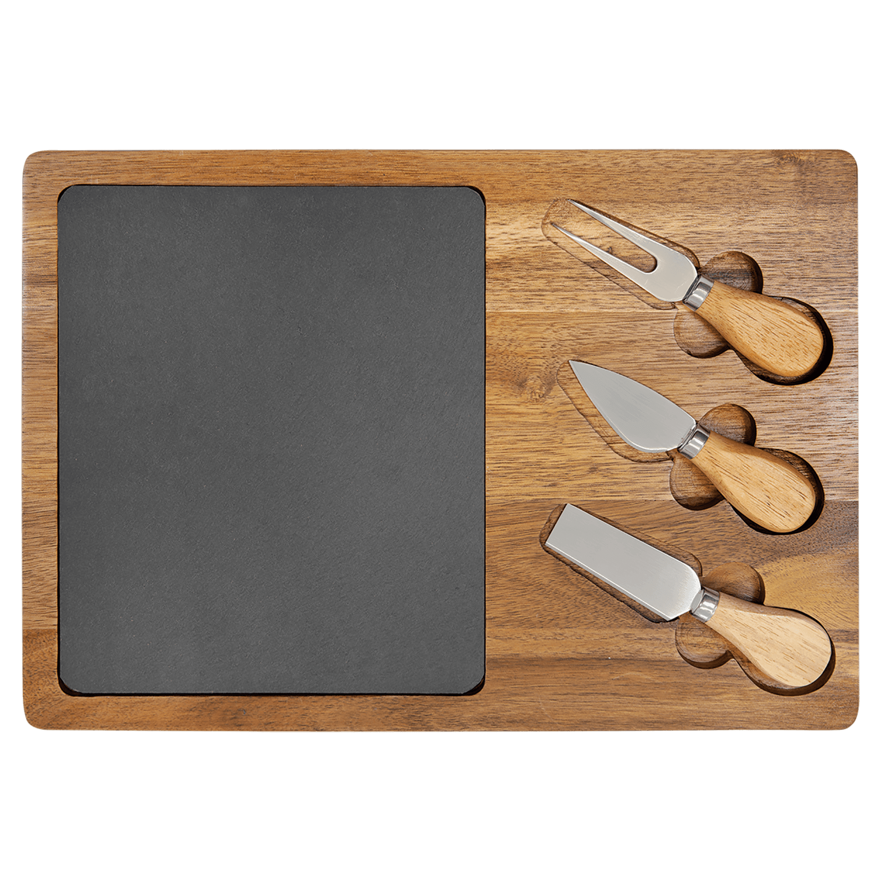 Acacia wood and slate rectangle cheese board with three cheese tools: a fork and two knives.
