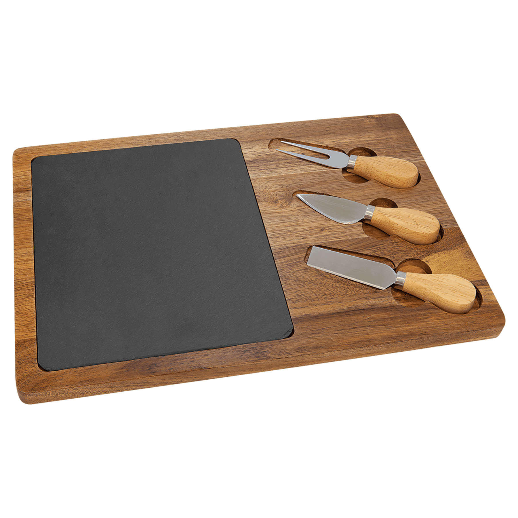 Acacia wood and slate rectangle cheese board with three wood-handled stainless steel tools.