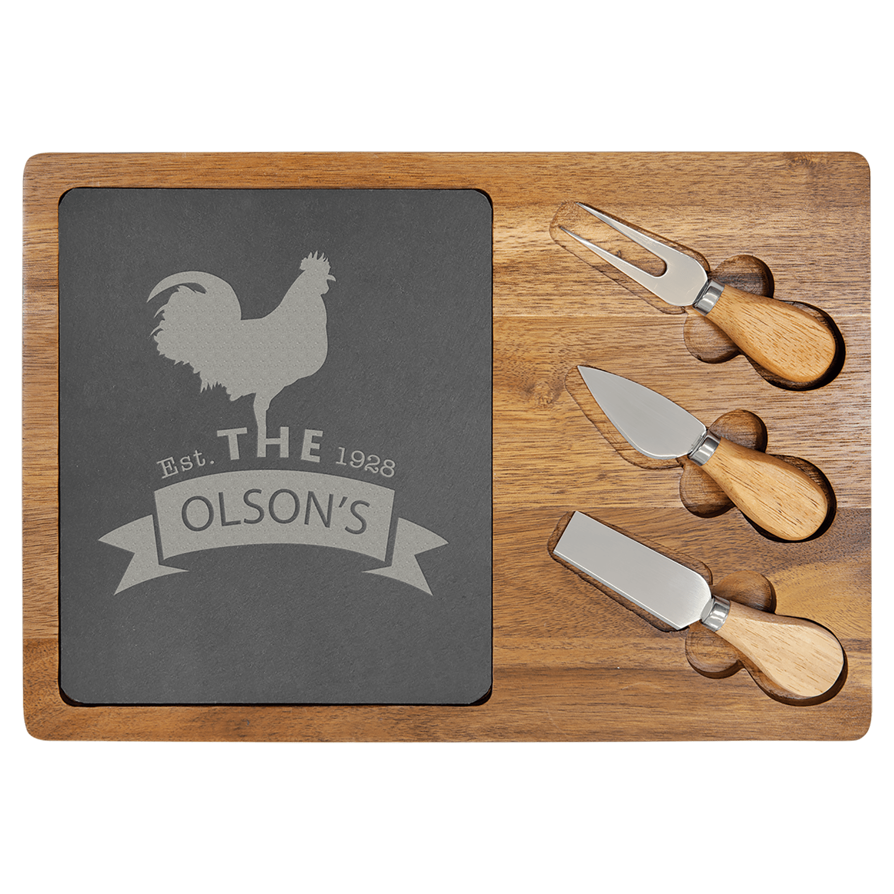 Acacia wood and slate cheese board with "The Olson's" rooster engraving and three cheese tools.