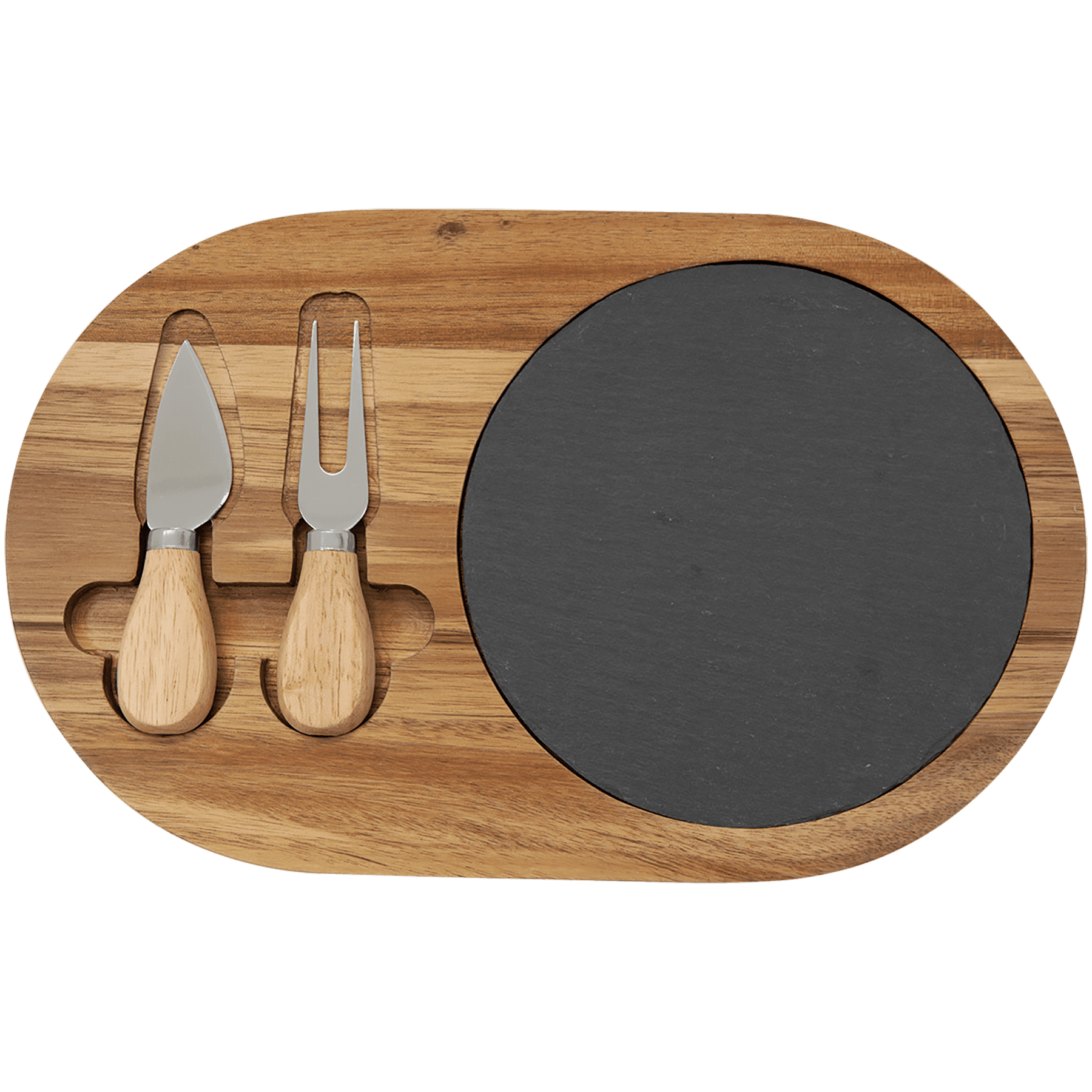 Oval acacia wood cheese set with round slate board and two wood-handled cheese tools.