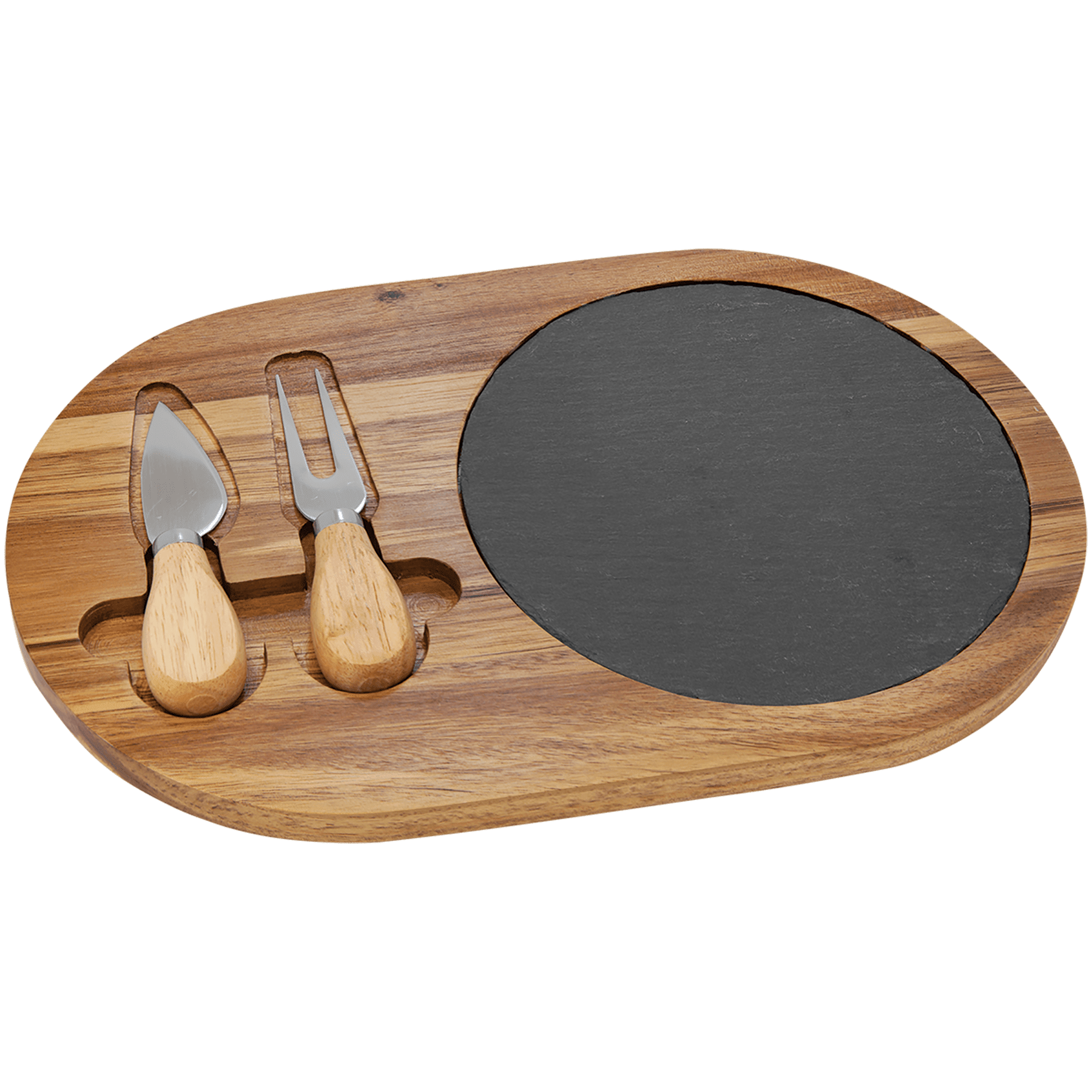 Oval acacia wood and slate cheese set with two wood-handled tools.