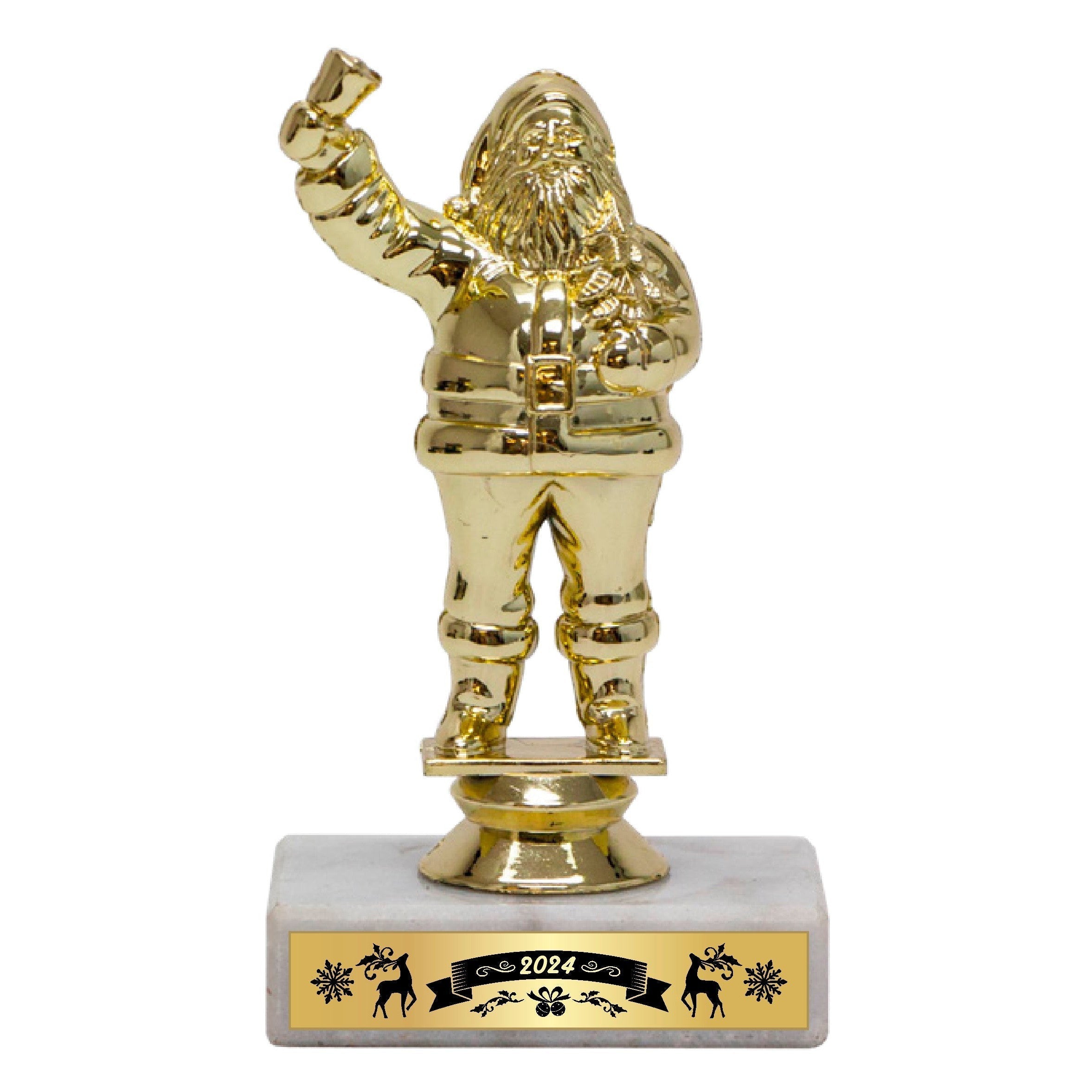 Shiny gold Santa Claus trophy with a white marble base and a "2024" plaque.