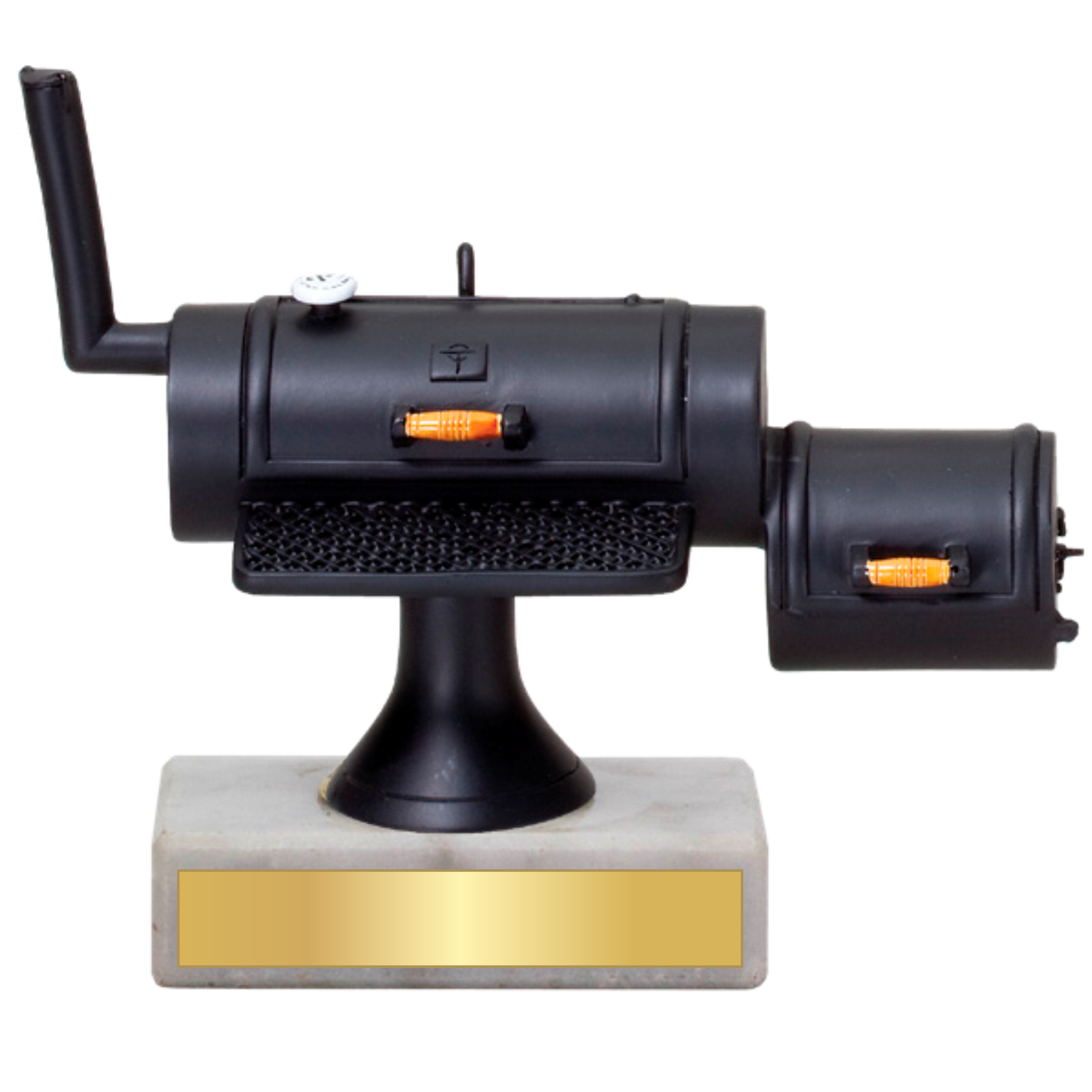 Black grill smoker trophy with orange accents, a white marble base, and a customizable gold plate.