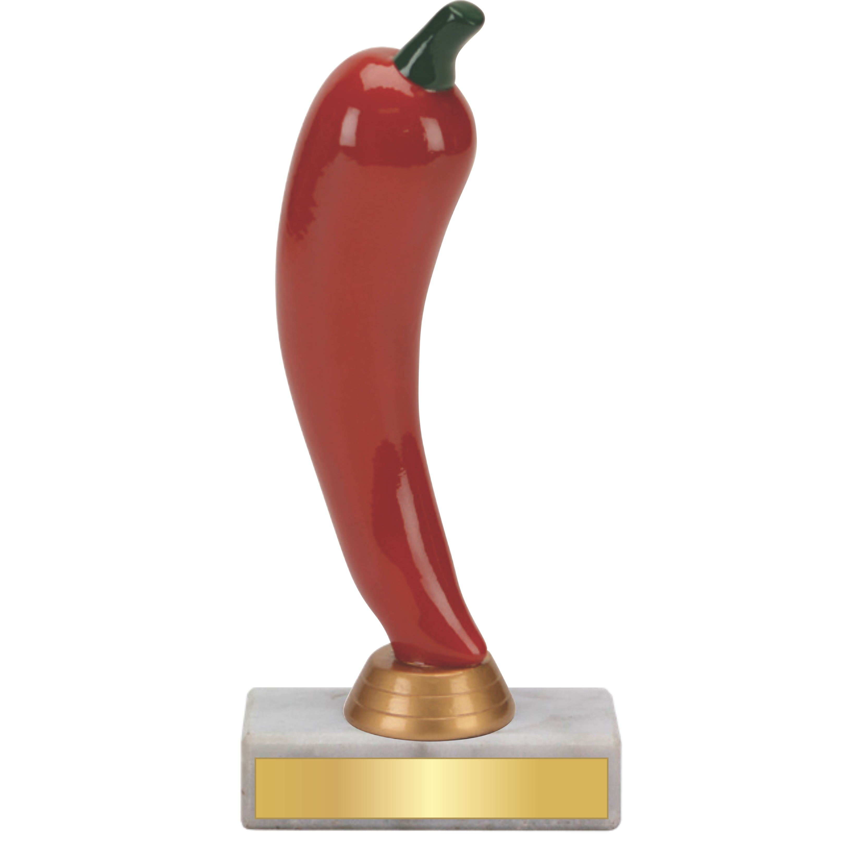 Glossy red chili pepper trophy, 6" tall, with a green stem, gold base, and marble stand.