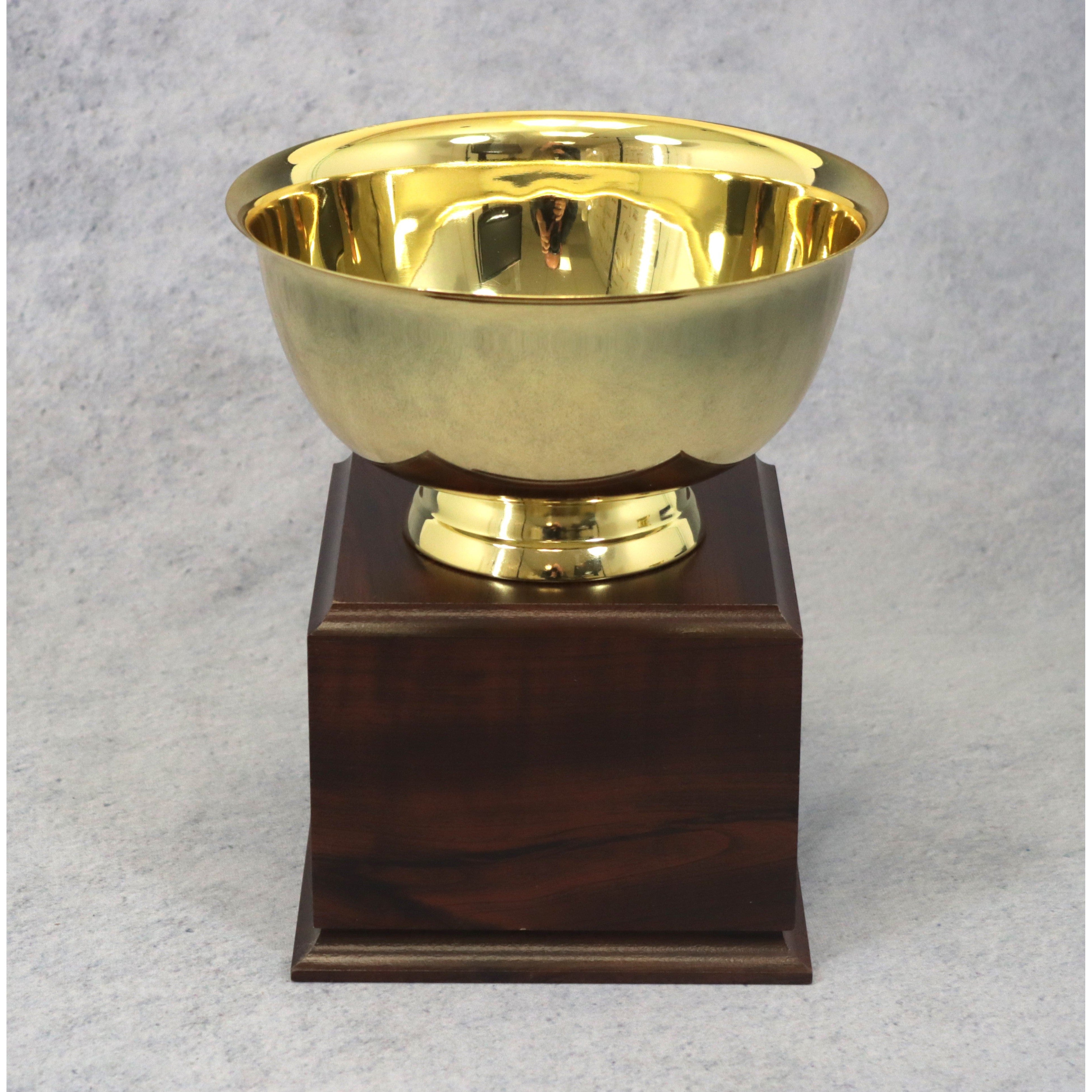 Elegant gold Revere bowl award on a dark walnut finish base, perfect for perpetual recognition.