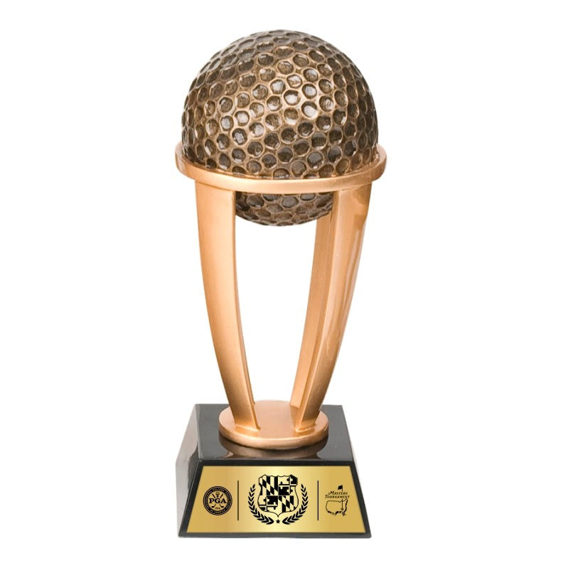 Antiqued bronze golf ball award in a bright gold-tone tower on an ebony base with custom engraving.