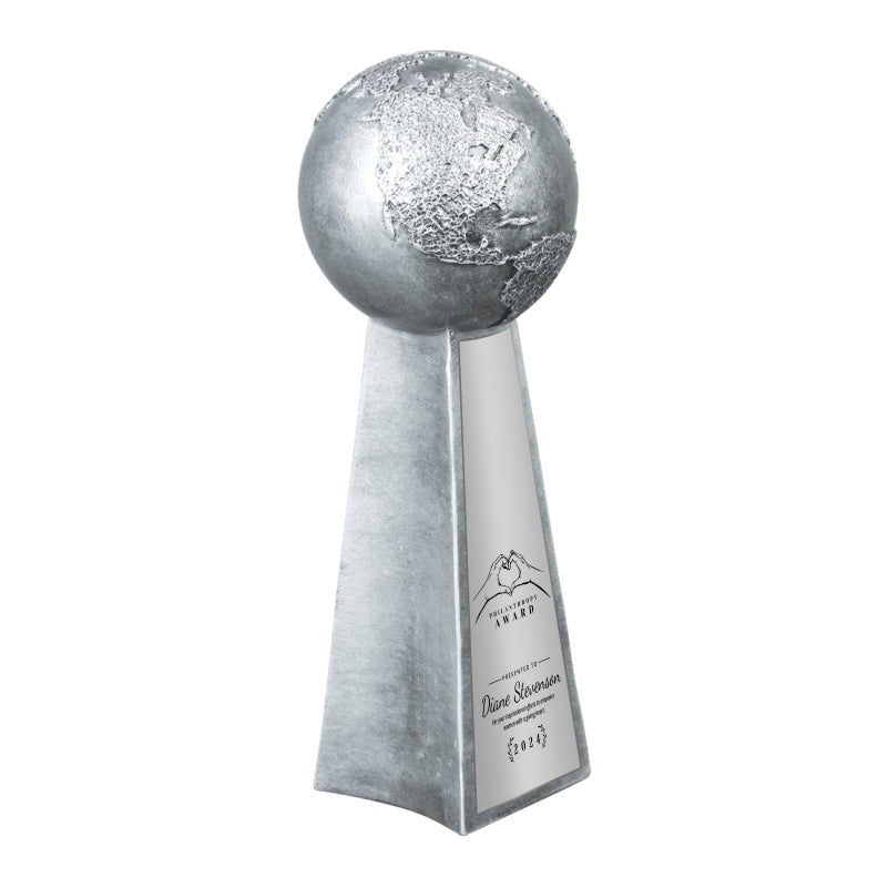 Glossy silver ceramic resin World Pinnacle Tower award, 14" tall, with a globe top and space for an engraved plate.