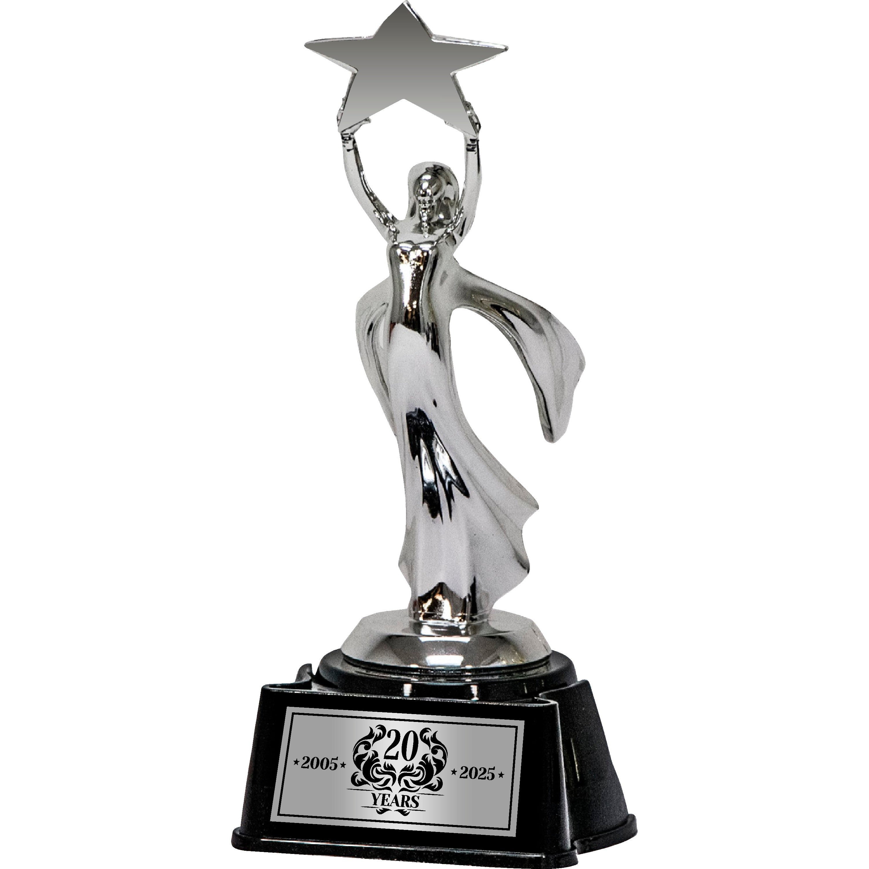 Silver Winged Victory Award trophy with a star, on a black ebony base engraved with "20 Years 2005-2025".